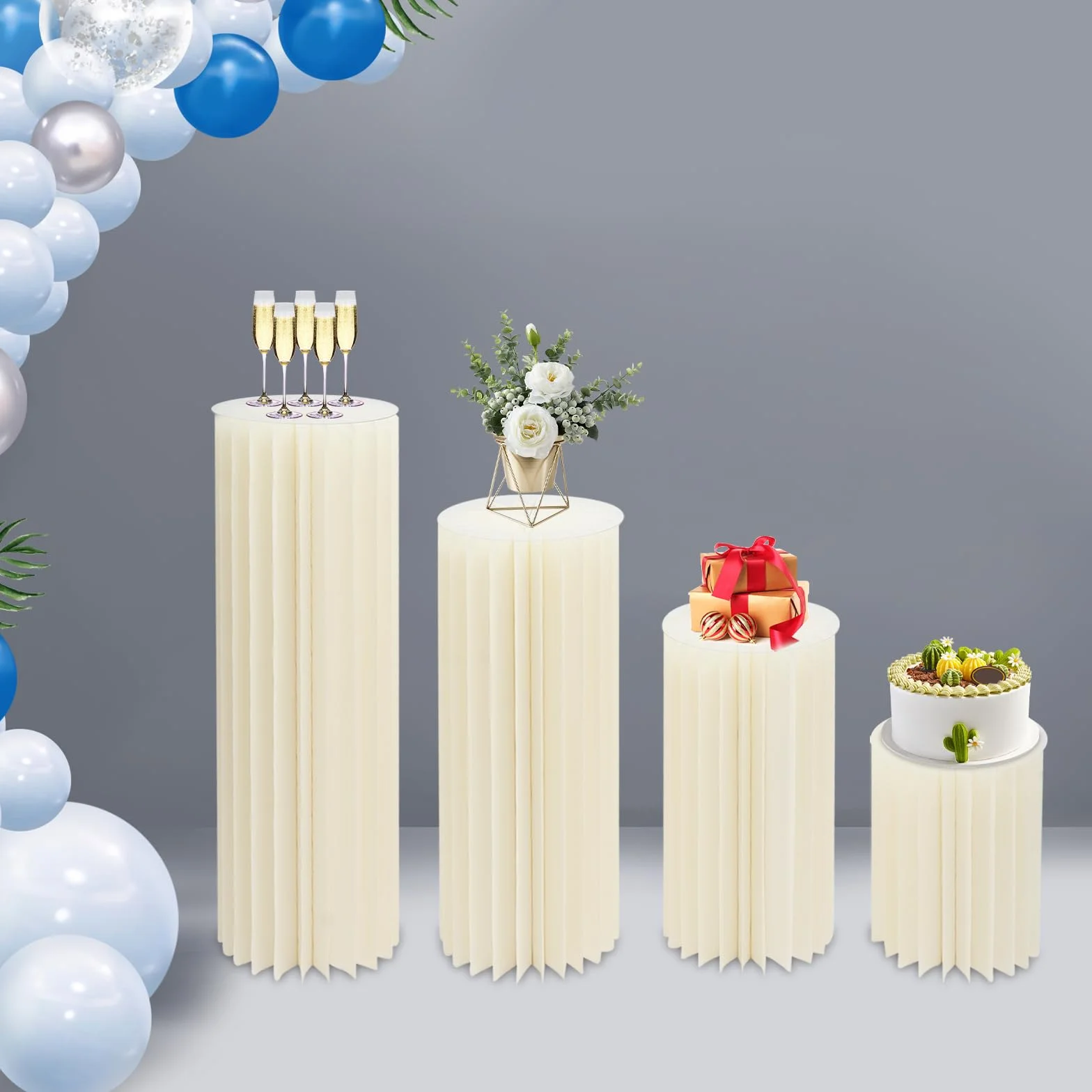 Lot de 4 supports cylindriques pliables en papier pour fêtes, table cylindrique, table cylindrique, colonne romaine en carton, présentoir à gâteaux, support de socle pour mariage (blanc crème)