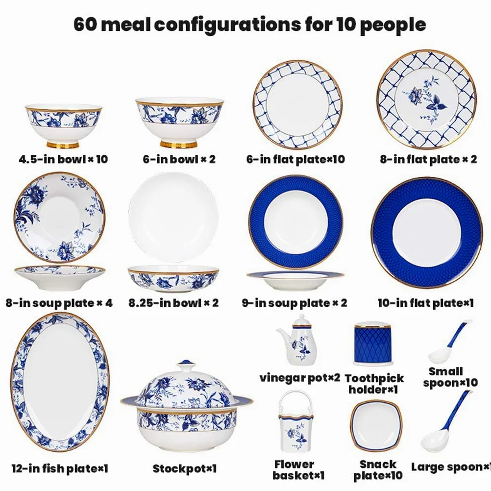 Service de Table en céramique pour la Maison, 60 pièces, Service de Table Haut de Gamme en Porcelaine Anglaise, Assiette/Bol/Pot à Soupe - Ensemble combiné en p(