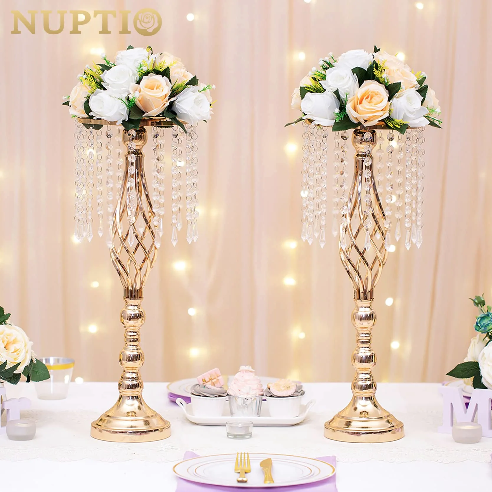 NUPTIO 10 Pièces Fleurs Artificielles, 15 Têtes de Roses Plastique avec Base, Convient au Centre de la Table Mariage Notre Magasin pour Les Fêtes Décoration de Saint Valentin(Champagne&Blanc)