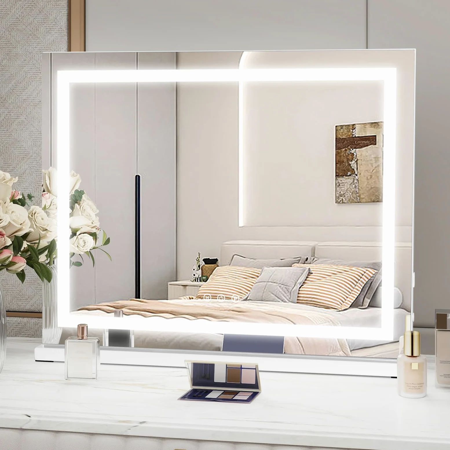 YU YUSING Miroir Coiffeuse de Maquillage LED 58x47 cm, 3 Couleurs, Charge USB, Luminosité Réglable, Miroir Lumineux de Table Cosmétique, Grossissant 10x, Blanc