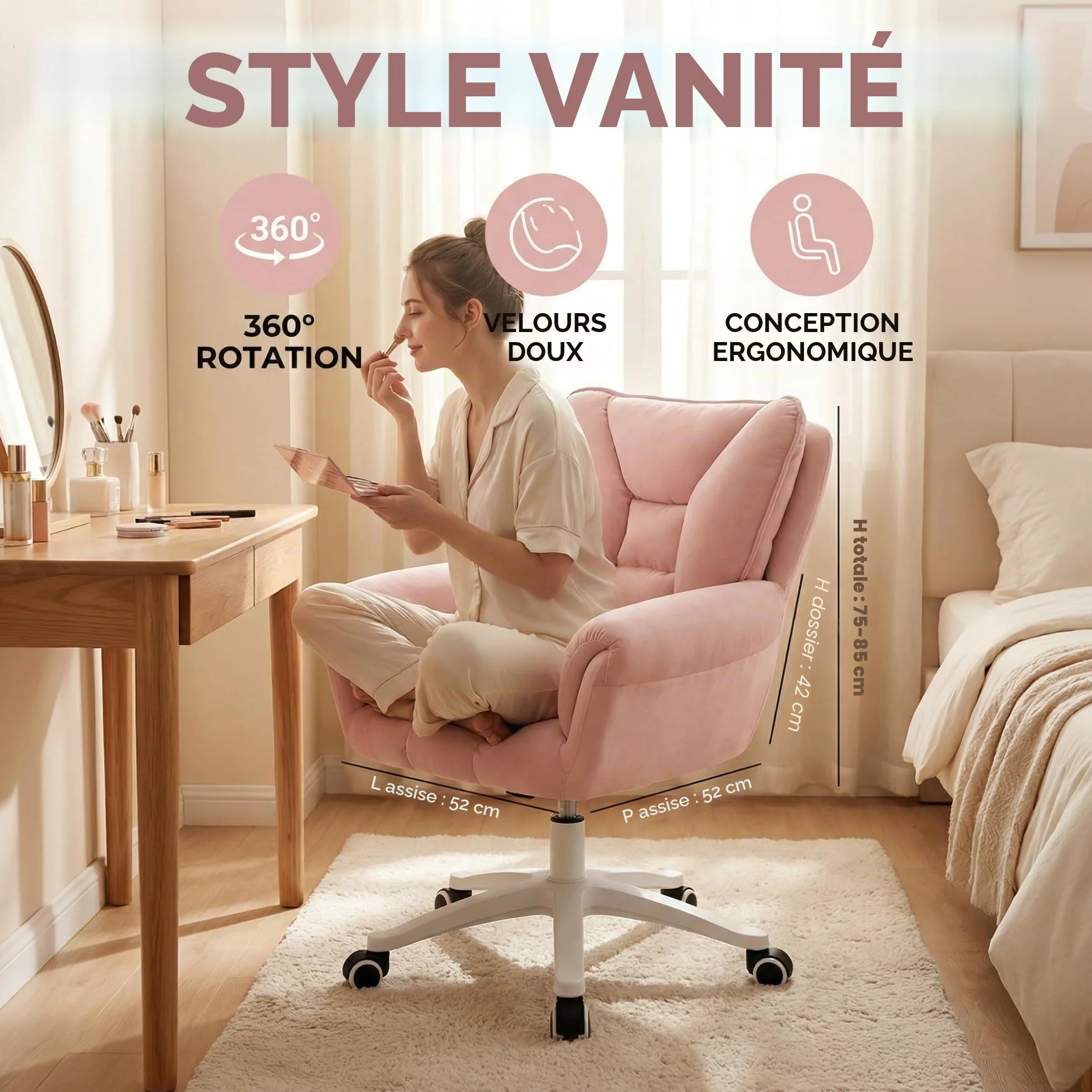 Chaise De Bureau, Coiffeuse À roulettes, Réglable en Hauteur, Capacité Charge Jusqu'à 120 Kg, for Domicile, Chambre Coucher, Cadeau(Pink)