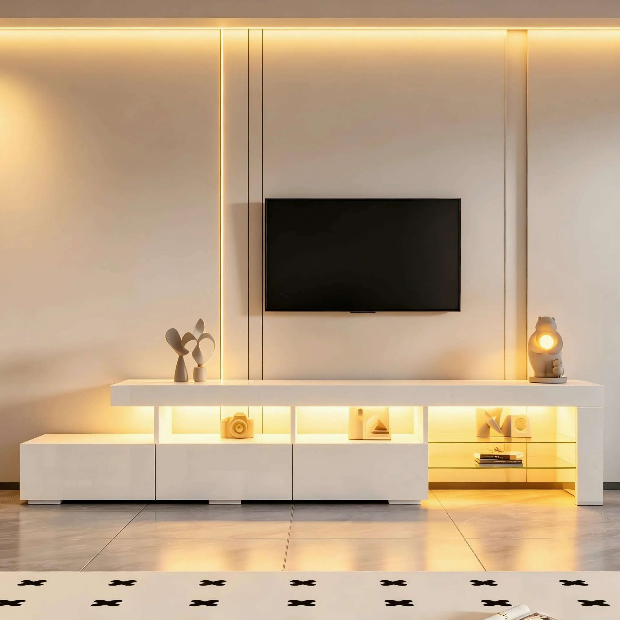 Meuble TV 180 cm Blanc Laqué avec Éclairage LED Piloté par App, Banc TV Moderne pour Téléviseurs jusqu'à 75 Pouces, 3 Tiroirs Push-to-Open et 7 Compartiments de Rangement pour Salon et Chambre