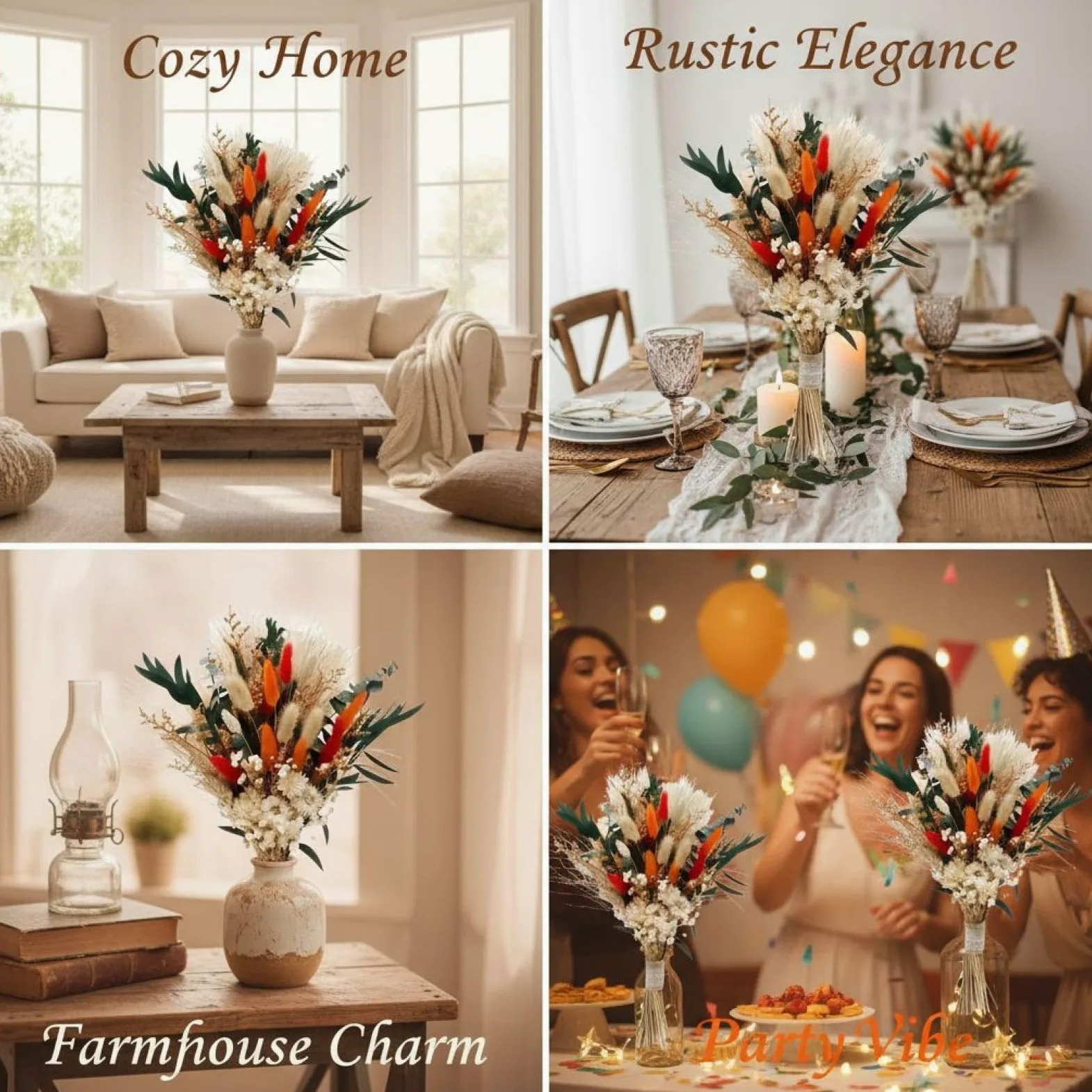 Bouquet de Fleurs séchées Orange, Lot de 50 tiges, Queue de Lapin et Herbes de Pampas, Composition Florale séchée à l’air Naturel pour déco Maison, Mariage, fête, Style Campagne, 43 x 28 cm