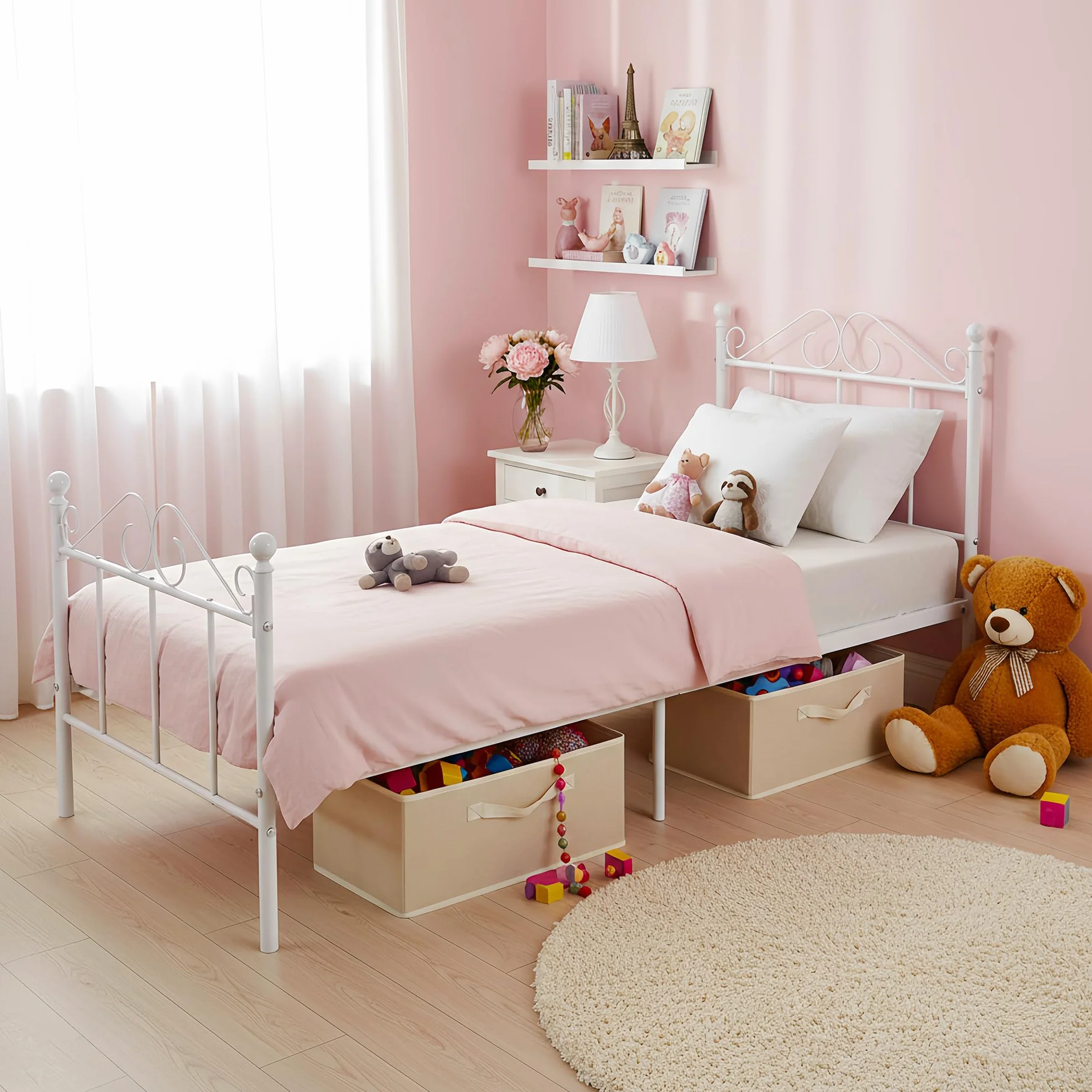 Cadre de Lit Enfant en Métal pour Matelas 90x190 cm, Lit Enfant Sol avec Sommier 90x190/Montage Facile/Convient comme pour Enfants/Ado/Adolescent Garcon/Fille/Senior/Blanc/Style A