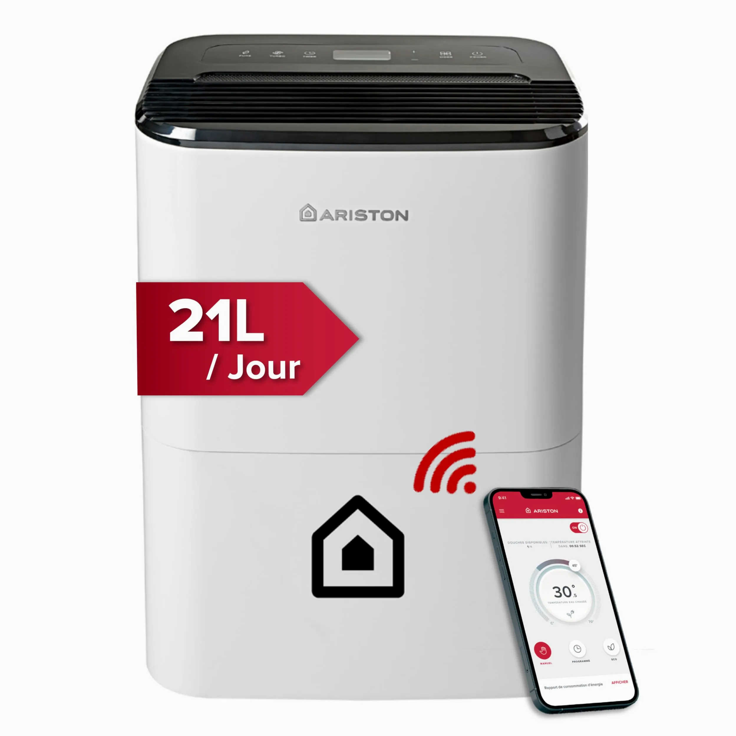 Ariston Deos 21S Net WiFi - Déshumidificateur Portable Haut de gamme 21L - Contrôle Électronique du niveau d’Humidité - Fonction Buanderie, Silencieux, pour des pièces allant jusqu'à 52 m²