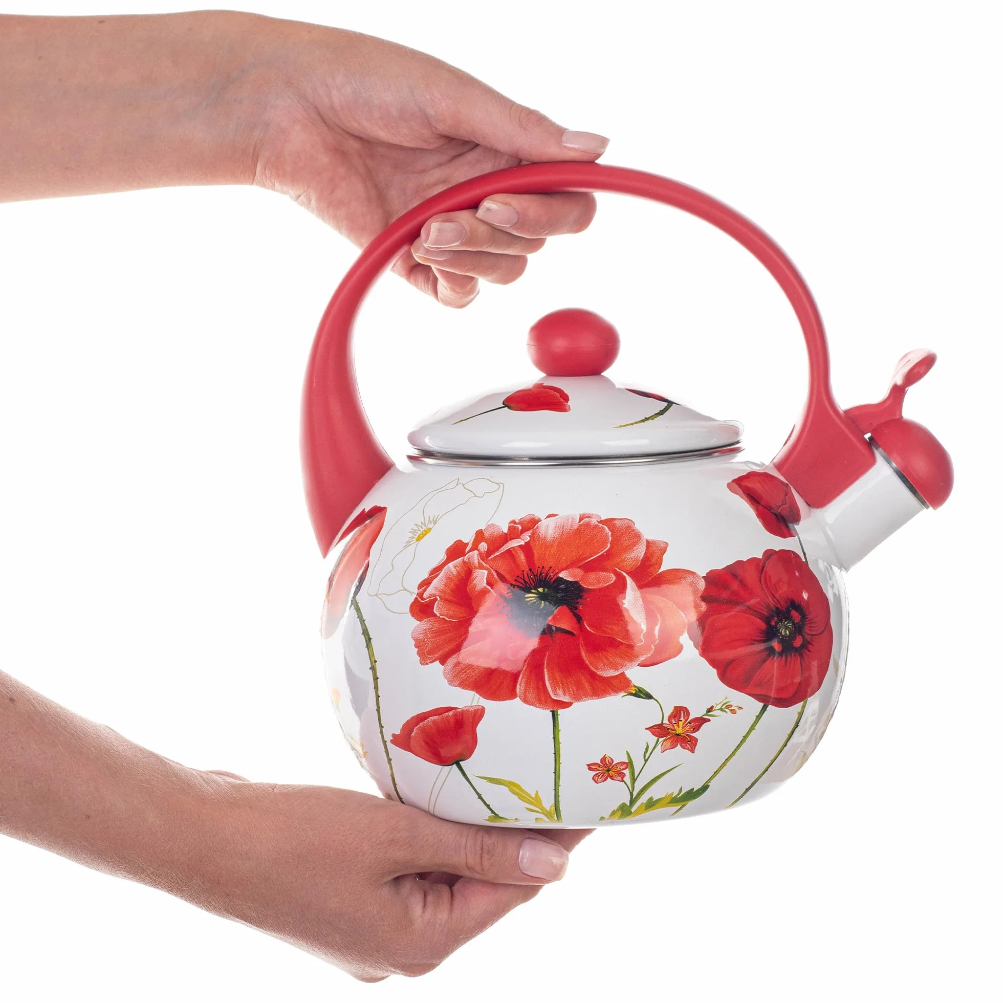 KADAX Bouilloire Sifflante en Acier 2.2L, Théière Émaillée pour Cuisinières à Induction et à Gaz, Dotée d'une Poignée Ergonomique et d'un Sifflet Intégré (Fleurs rouges)