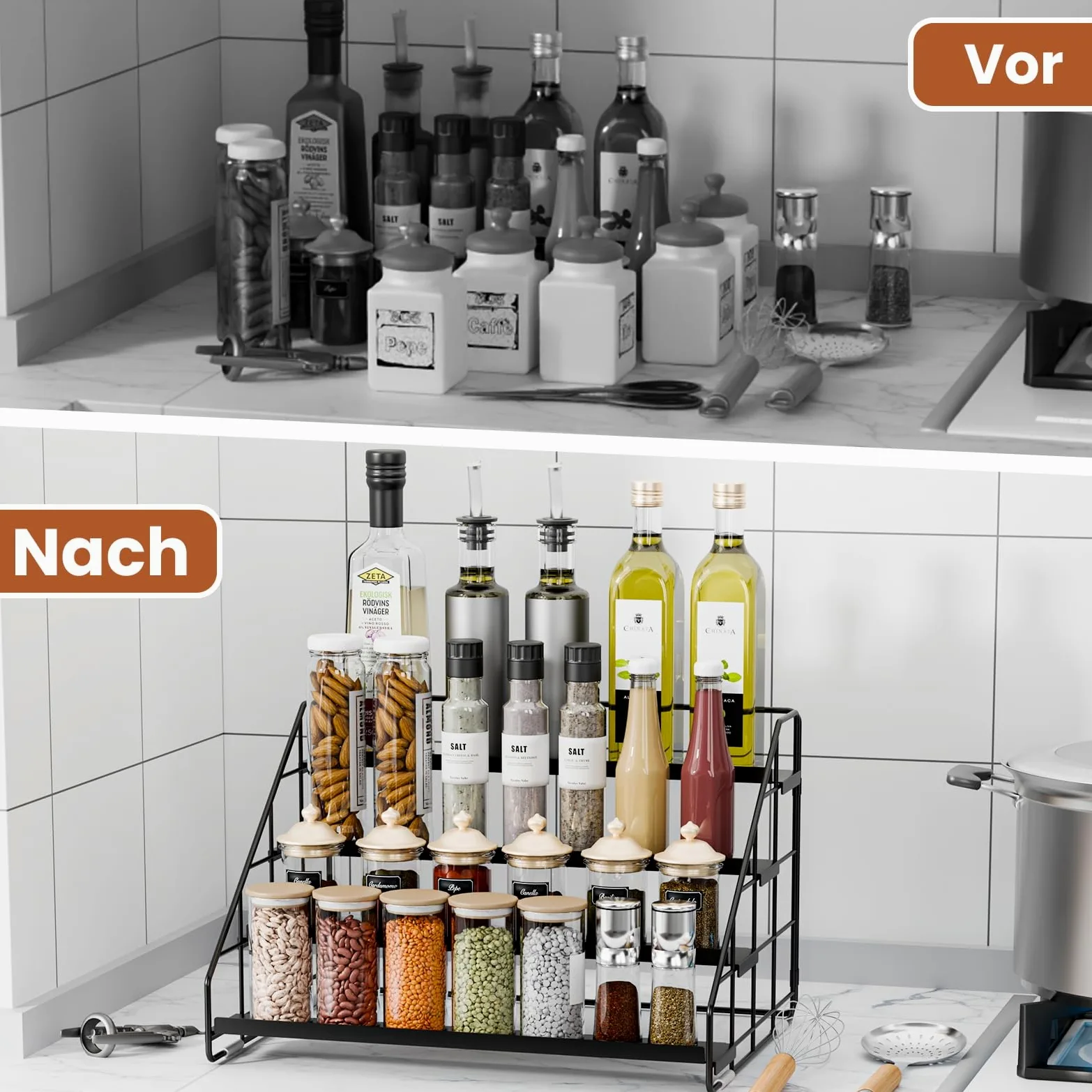 Lot de 2 étagères à épices debout à 4 niveaux, hauteur réglable (2/3/4 niveaux) et sans perçage, en métal noir, avec crochets en S et étiquettes, organisateur d'épices pour cuisine, armoire