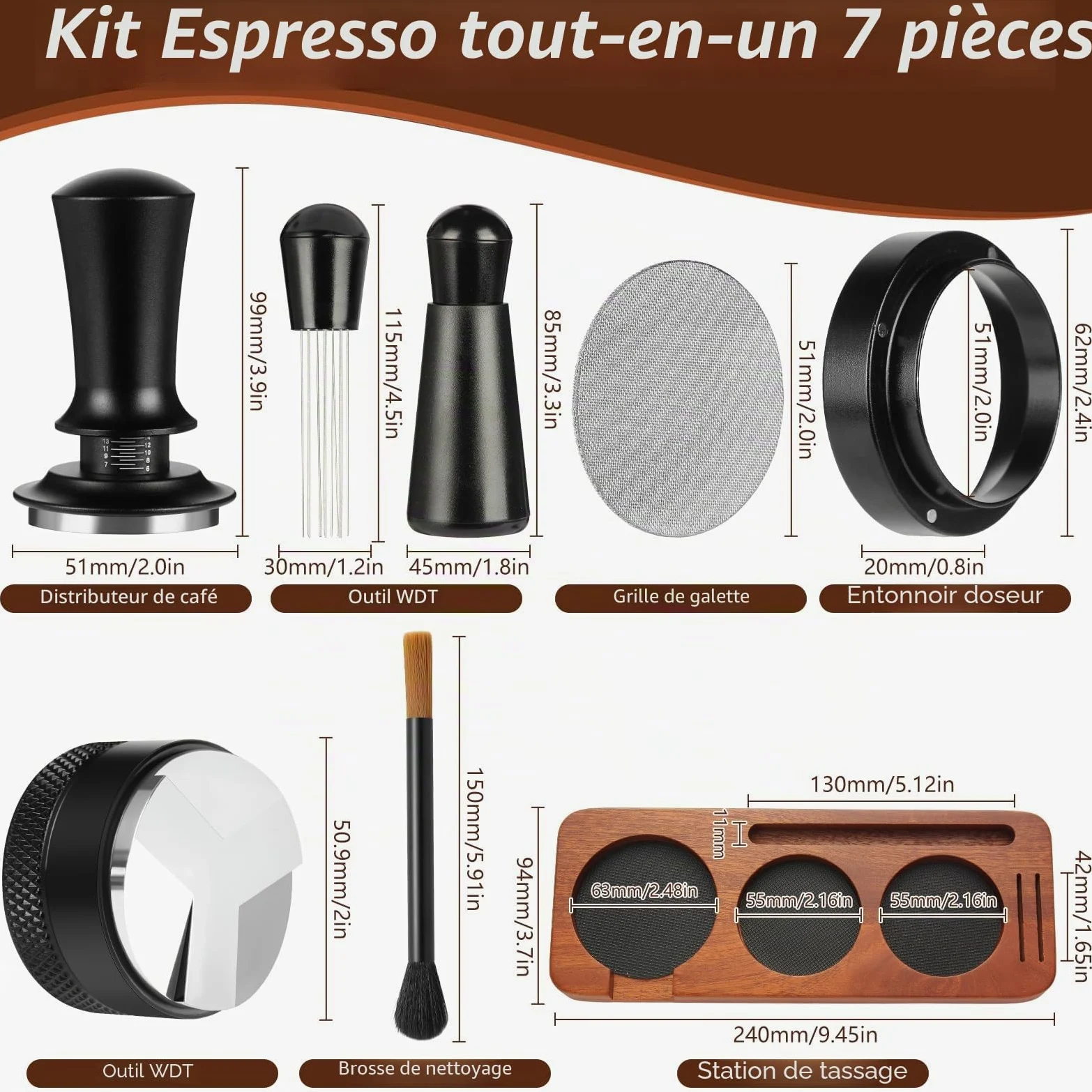 7 pièces Accessoires pour expresso, outils de tamping pour expresso de 51 mm, kit d'accessoires pour machine à expresso avec outil WDT, tampeur à café avec station de tamping en bois pour expresso
