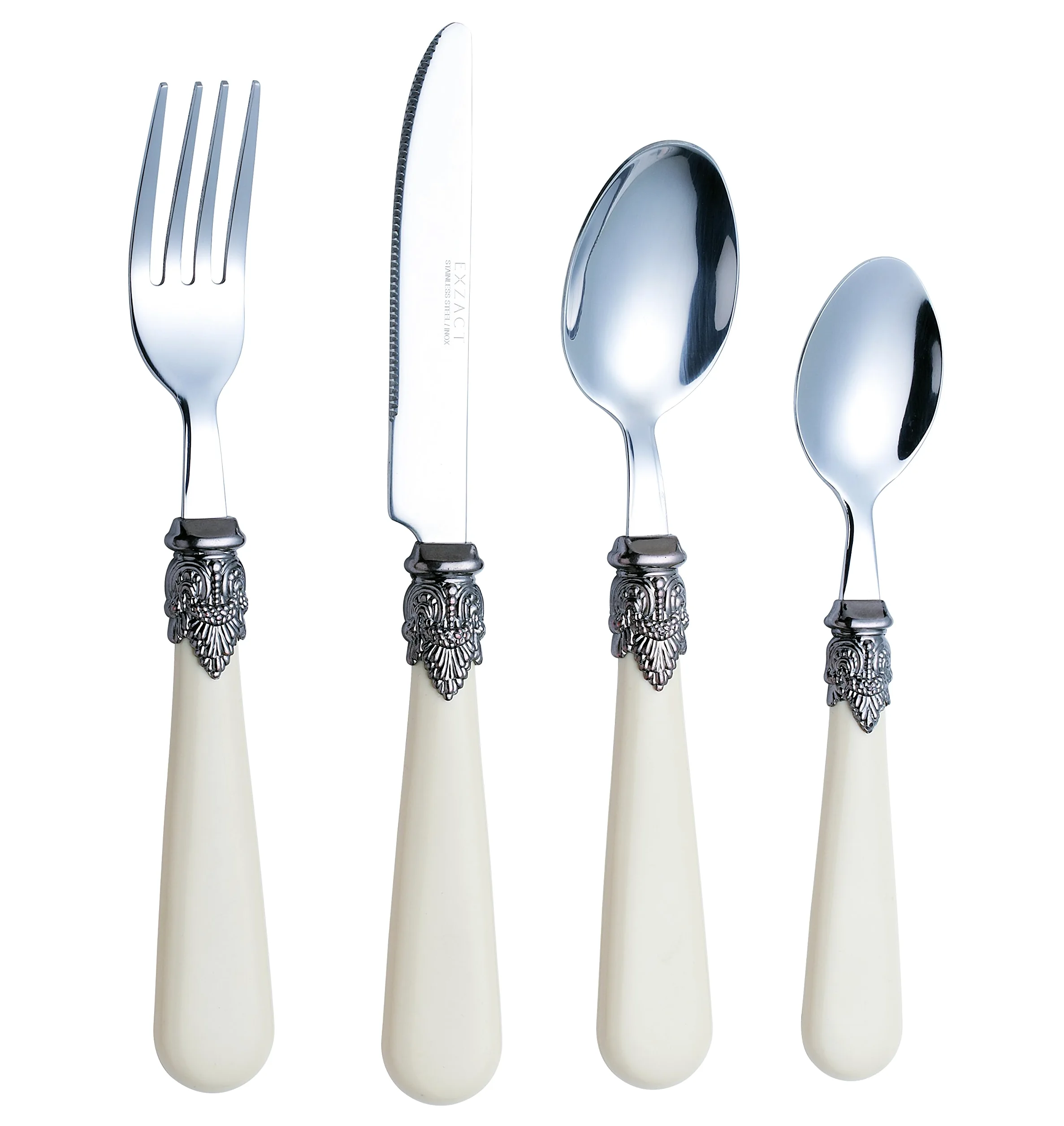 EXZACT Ensemble de couverts crème ivoire 24 PCS, acier inoxydable avec poignée détaillée, traditionnel, élégant, Vintage Style/Antique (WF28-24CRM)
