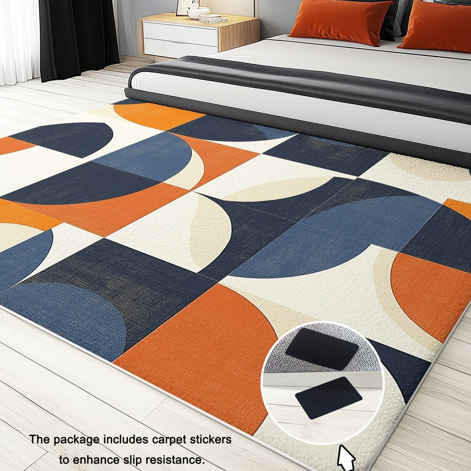 Tapis Salon Chambre Adulte Poil, Tapis à Poils Courts et denses Motif Géométrie Vintage Cercles, Tapis Lavable en Machine Antidérapant Bleu Orange, 60 x 110 cm
