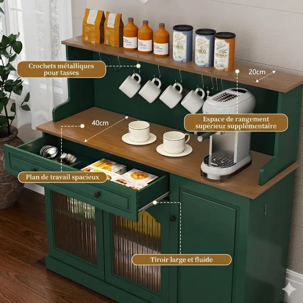 HOLTICO Vaisselier Buffet de Cuisine avec Plan de Travail, Meuble pour Micro-Onde et Bar à Café, avec Armoire de Rangement, Tiroir et Étagères, pour Salle à Manger, Salon, 120 x 120 x 40 cm, Vert