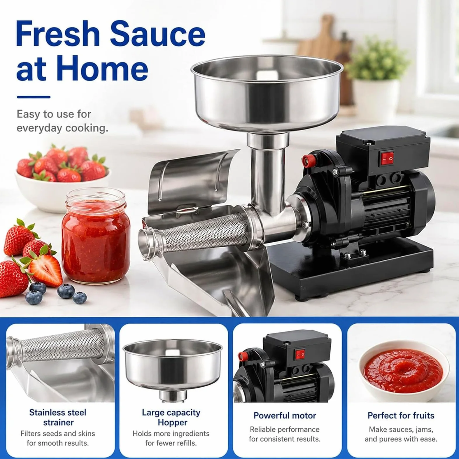 Filtre électrique de tomate, machine de fraisage de tomate Sauce Maker | Presse à tomates et machine à sauce en acier inoxydable commerciale, robuste, pour confiture de myrtille et de fraise