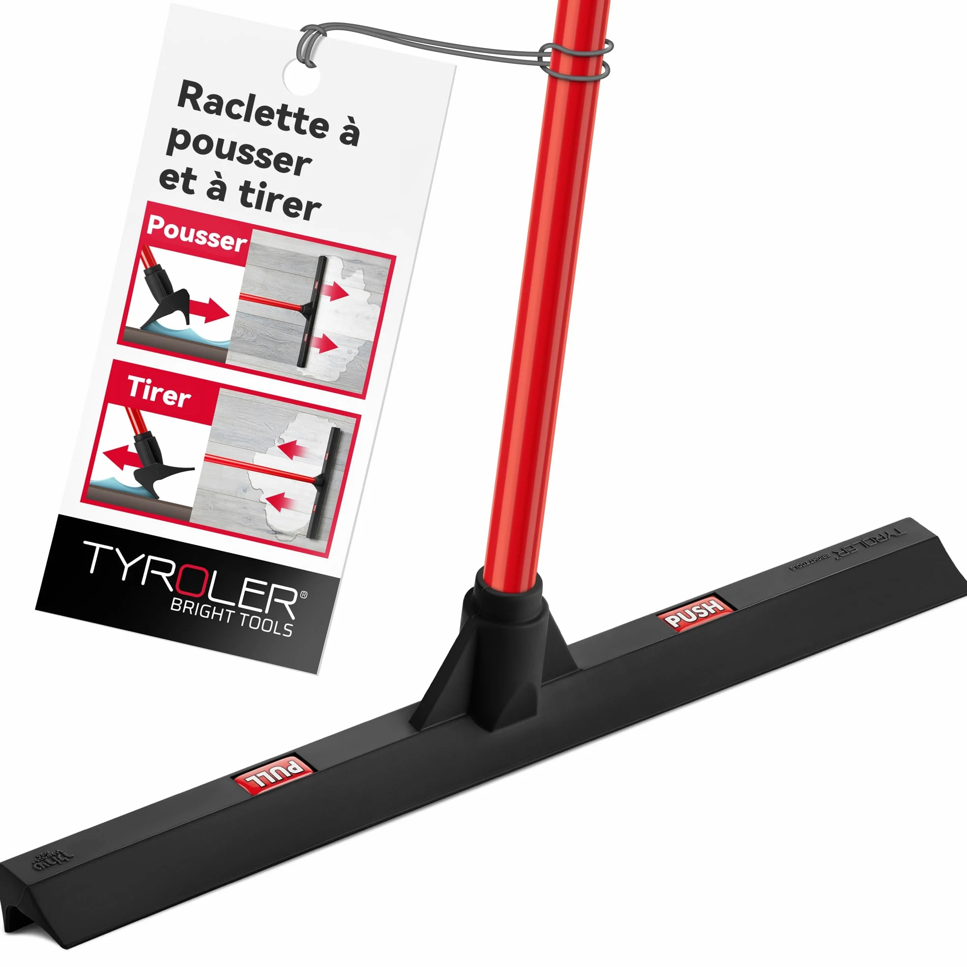 Tyroler Balai Raclette Sol Extérieur Terrasse Pousser et Tirer | Tête 45cm 100% Caoutchouc | 4 Parties de 140cm de Long | Parfait pour Toutes Surfaces | Raclette Douche Sol Professionnelle