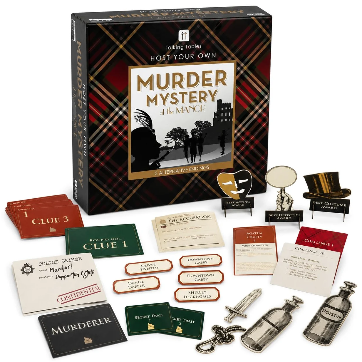 Jeu réutilisable Murder Mystery at the Manor After Dinner Party pour adultes, organisez votre propre soirée de jeux sur le thème des Highlands écossais, 3 fins alternatives pour déguisement, idée