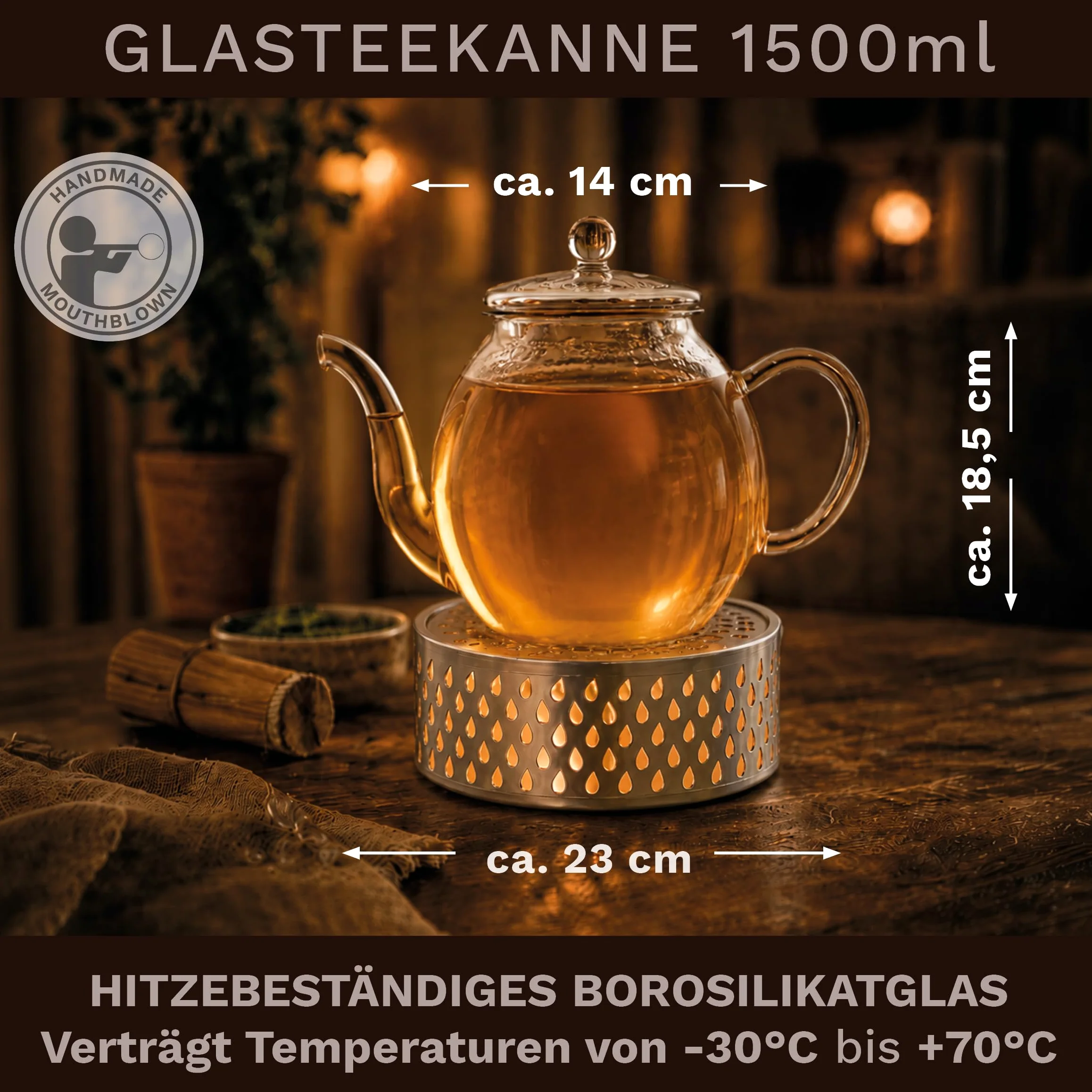 Creano Théière en Verre Haute 1,5 l Anti-Goutte avec Filtre INOX et réchaud Leaf Argent – théière Borosilicate pour thé en Vrac, sachets de thé et Fleurs de thé