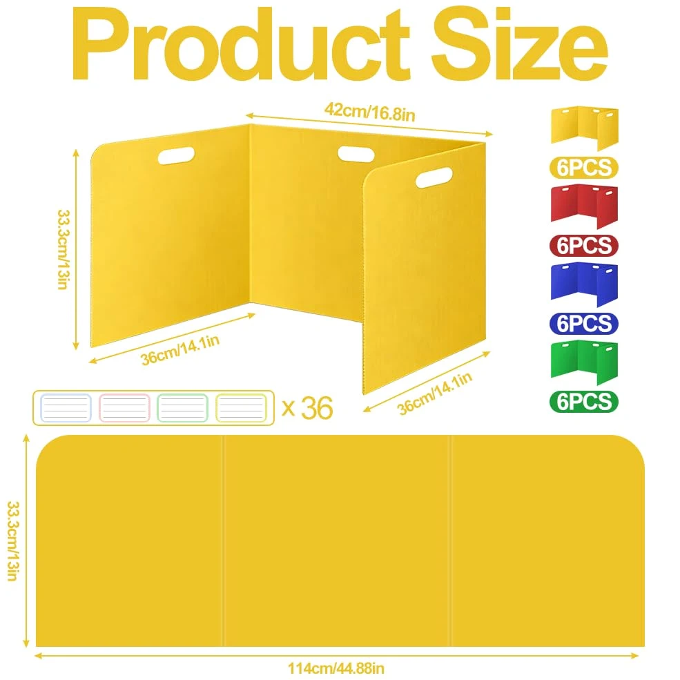 Lot de 24 cloisons de séparation pliables pour bureau avec 72 étiquettes nominatives, portables, multicolores, pare-vue, cloisons étanches, pour l'école, le bureau, la bibliothèque, 42 x 36