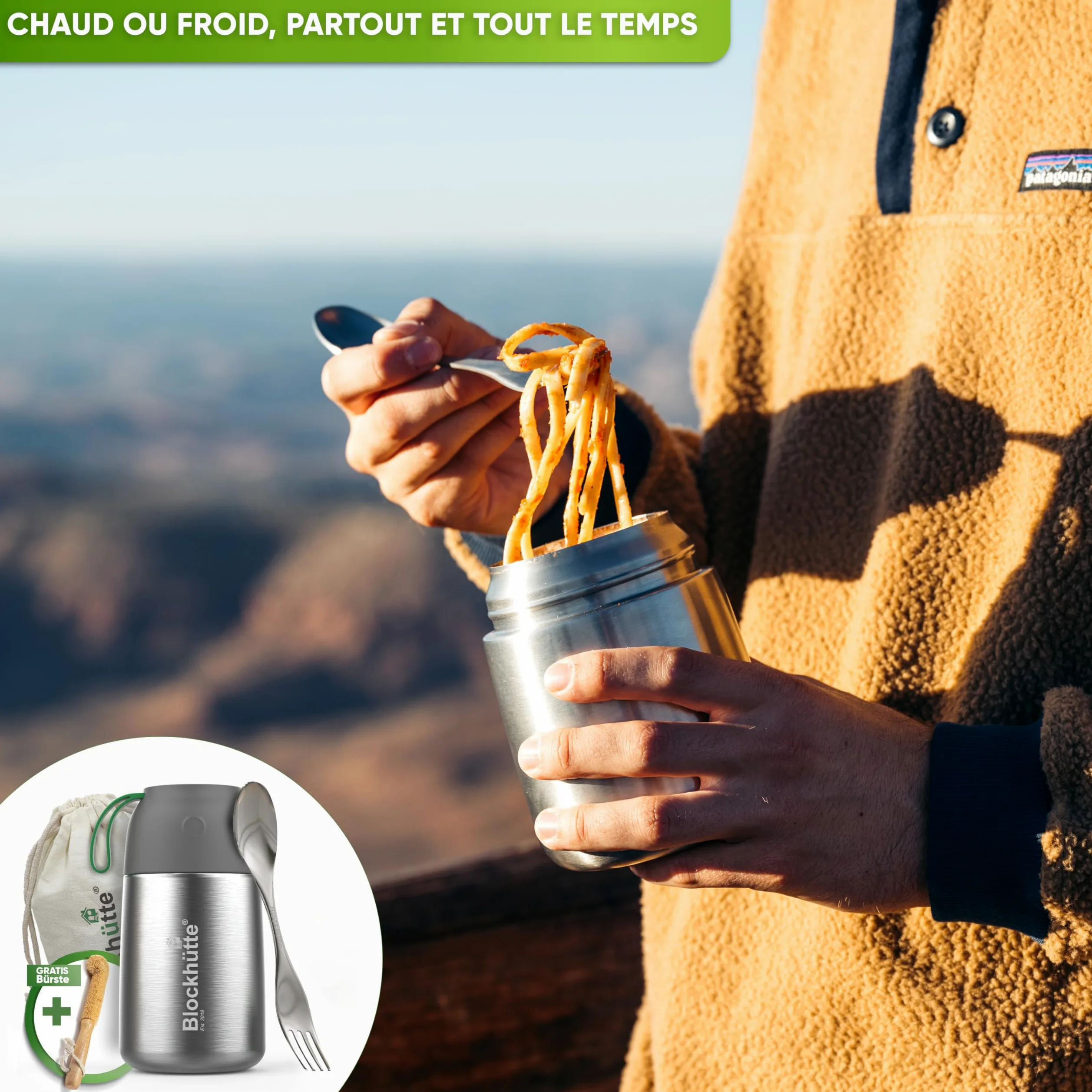 Blockhütte Thermos isotherme 730ml En inox Avec Cuillère et Fourchette - Thermos Alimentaire Chaud idéal Pour Le Travail - Boite Alimentaire isotherme Avec Sac de Transport - Lave-Vaisselle