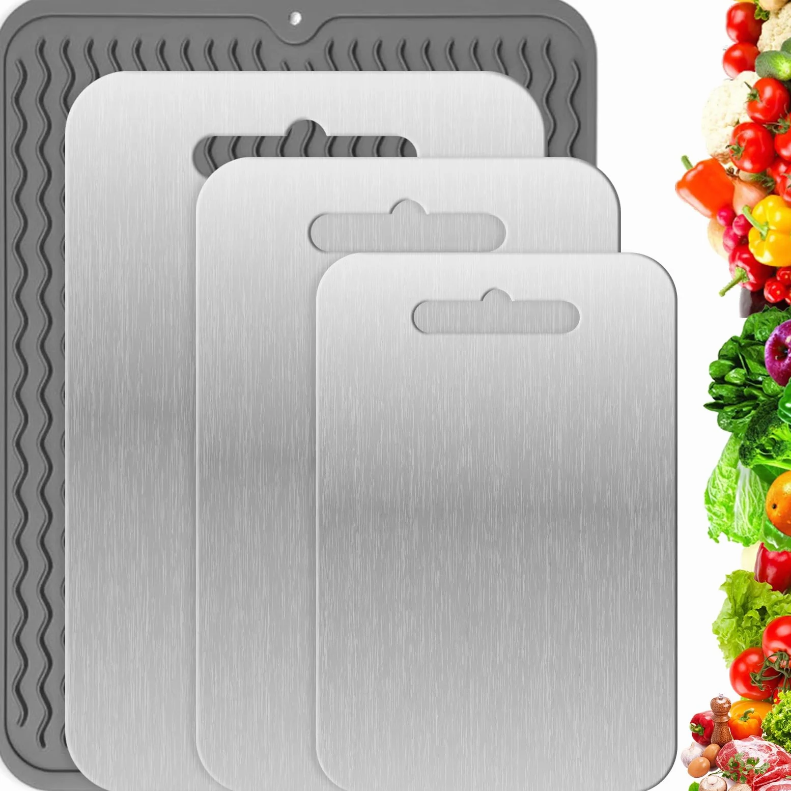 3 Pièces Planche Decouper Titane avec Tapis Silicone, Planches Cuisine Acier Inoxydable, Cutting Board Face Double Qualité Alimentaire,Planche Hygiénique Lave-Vaisselle pour Viande,Légumes et Fruits