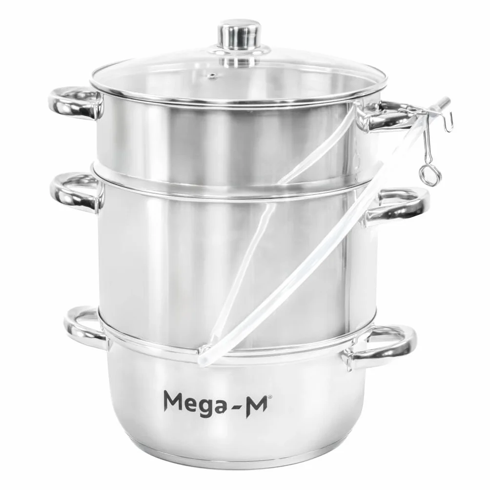 Mega-M Extracteur de jus à vapeur: Cet extracteur en acier inoxydable de 8 L permet de préparer du jus à partir de divers fruits sans réagir avec la nourriture.