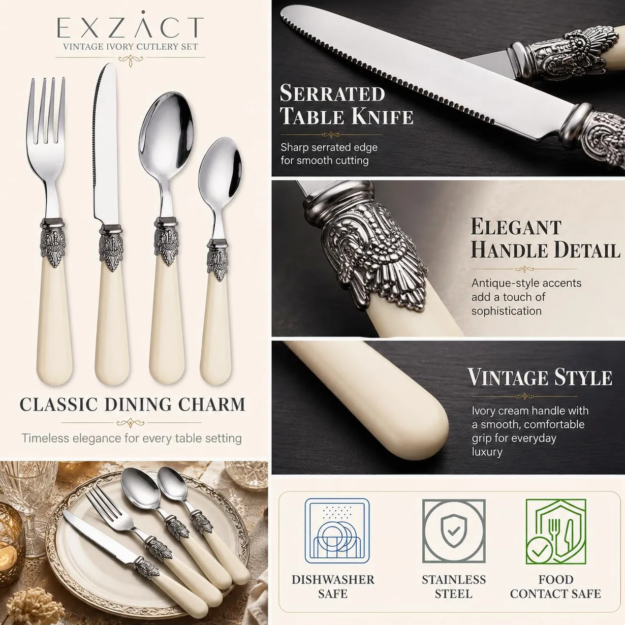 EXZACT Ensemble de couverts crème ivoire 24 PCS, acier inoxydable avec poignée détaillée, traditionnel, élégant, Vintage Style/Antique (WF28-24CRM)