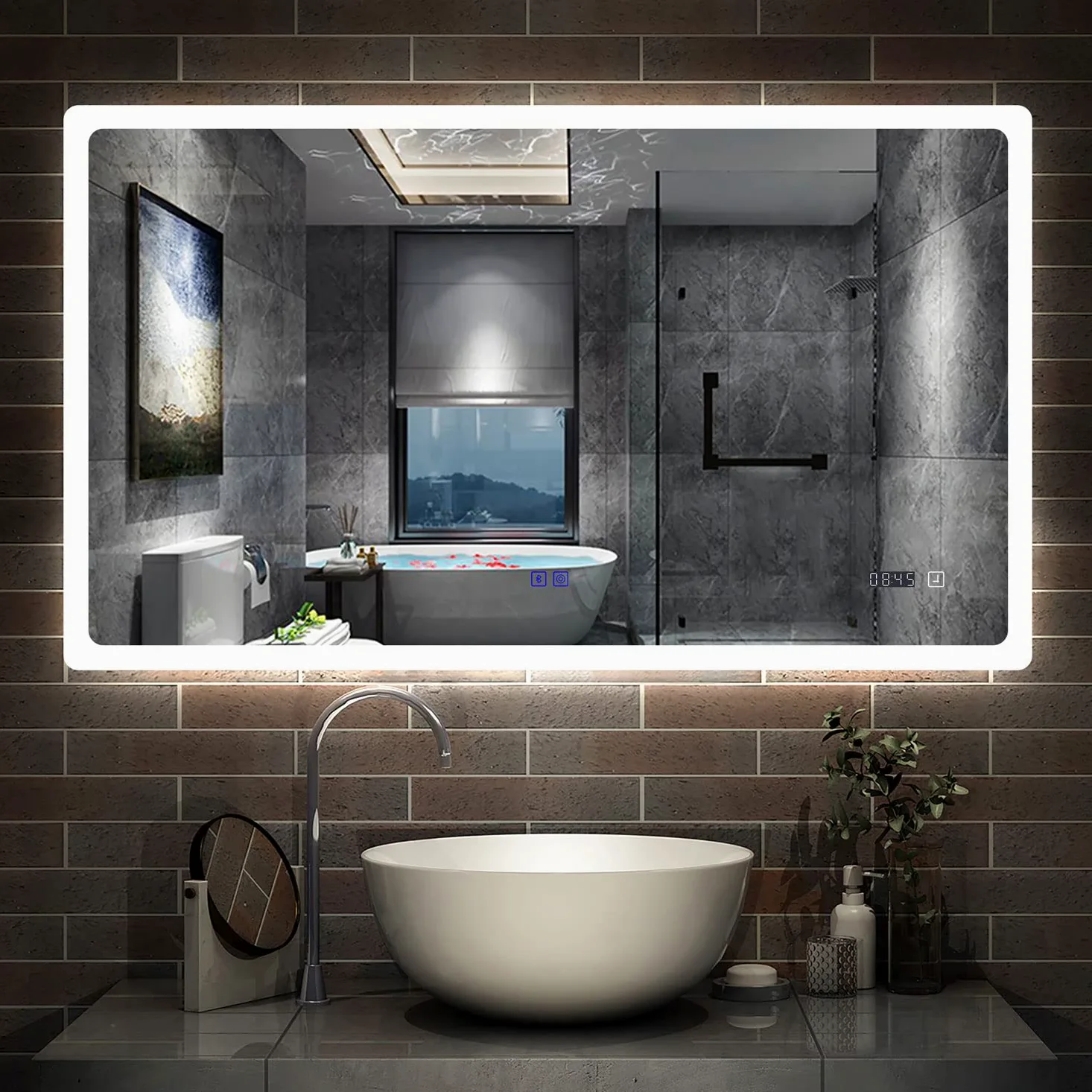 AICA Miroir de Salle de Bain à LED avec Bluetooth 120 x 70cm, Mural Miroir avec Anti-buée + 3 Couleurs + Horloge, Miroir avec Interrupteur Tactile Étanche IP44, Éclairage à Intensité Variable