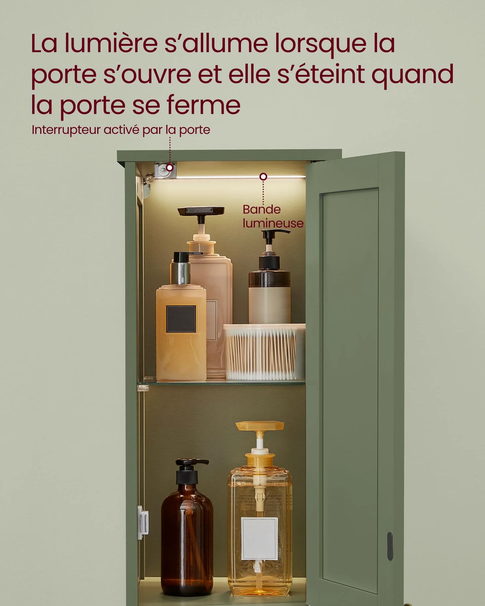 VASAGLE Armoire de Salle de Bain Haute avec Éclairage, Meuble de Rangement Mince, avec Étagères Réglables, Largeur 40 cm, pour Les Petits Espaces, Moderne, Vert Forêt BBC766CH03