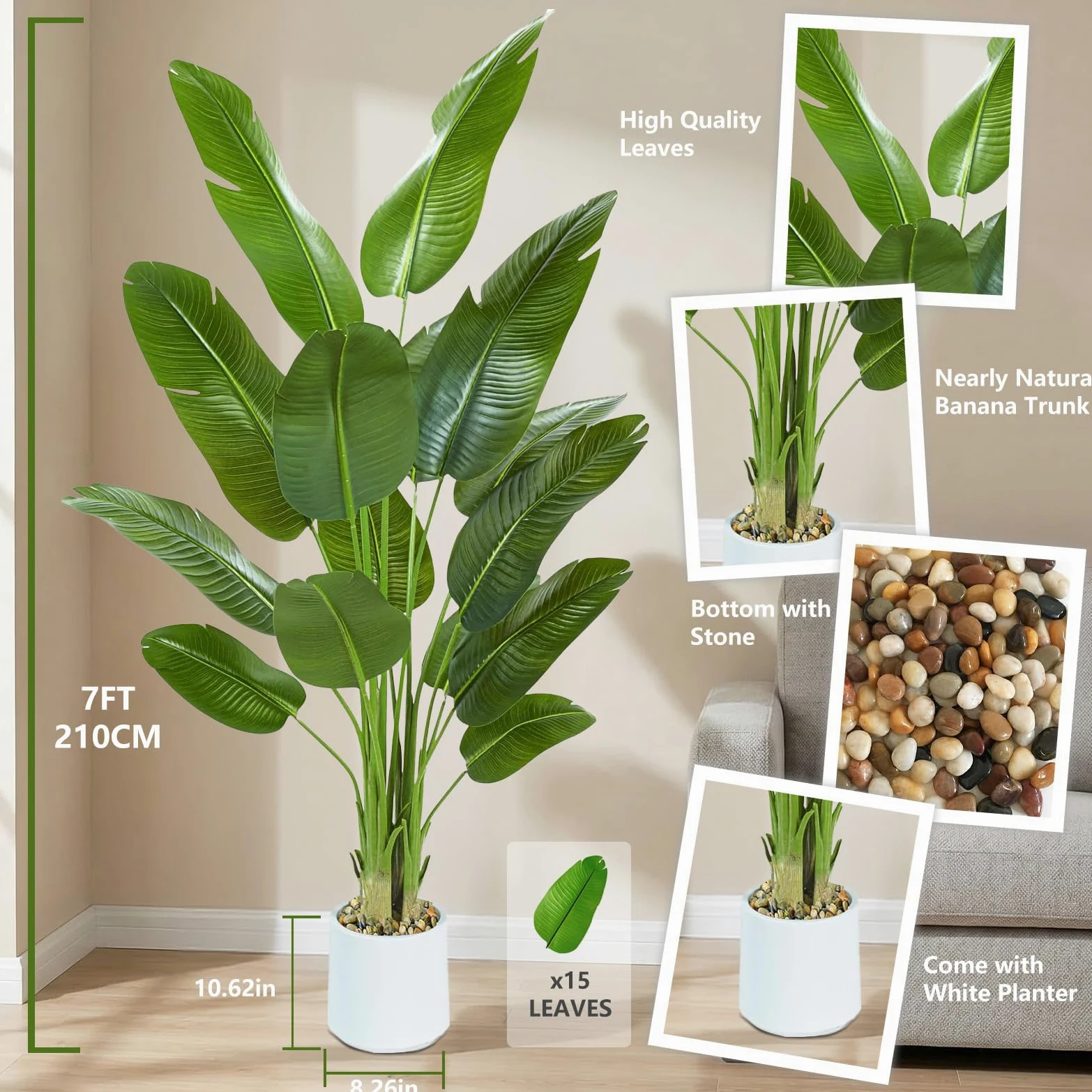 Plante Artificielle Oiseau de Paradis 210cm - Grande Plantes Bananier Artificielle Interieur avec Pot Blanc, Fausses Arbre Artificiel Parfaites pour Décoration d'Intérieur de Bureau ou Salon ou Maison