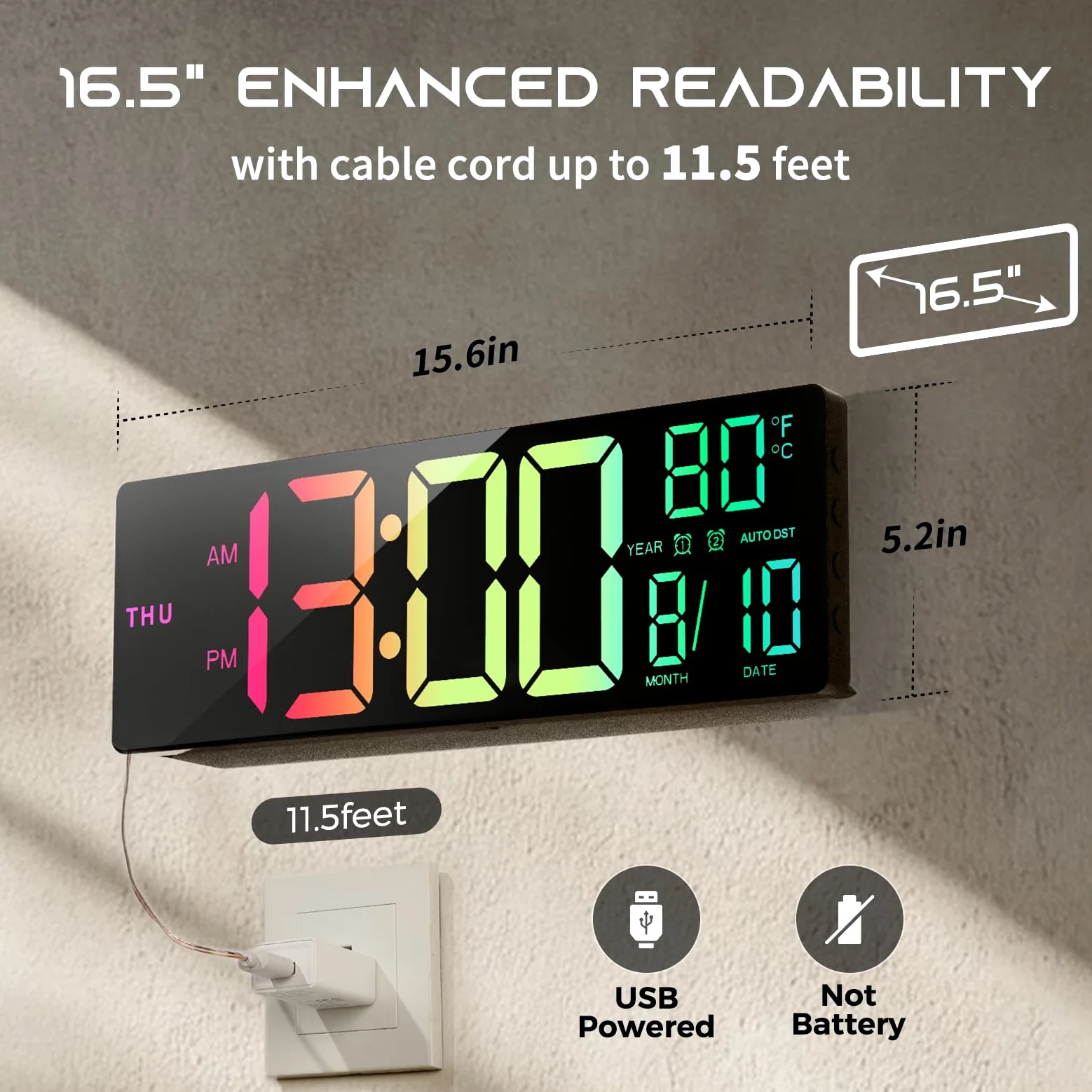 EASYERA 16,5 pouces large numérique horloge murale lumière RVB, double alarme large résolution d'écran LED, DST automatique, batterie bouton de consommateur