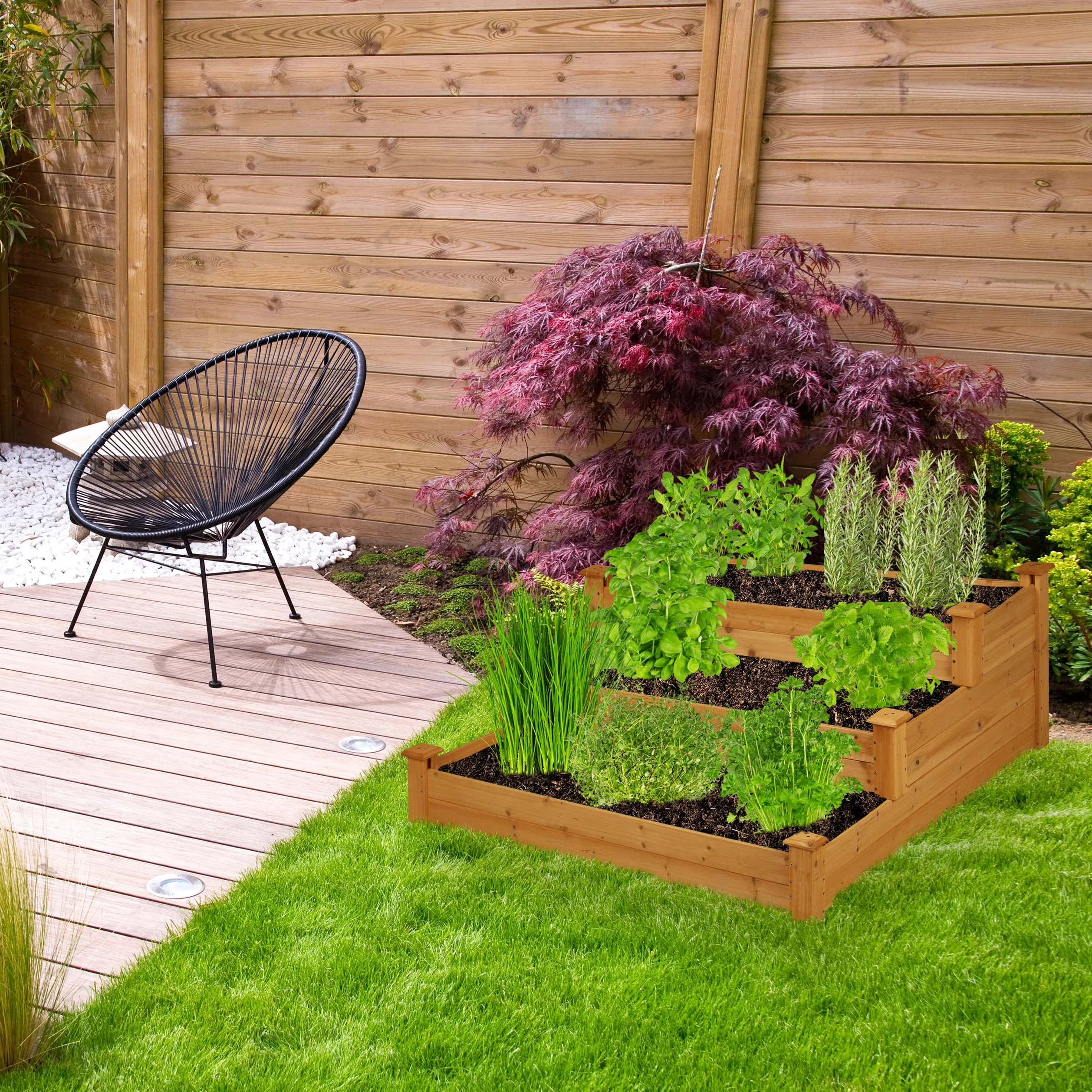 Relaxdays Carré Potager 3 Niveaux, jardinière en escalier, HLP : 46x122x122 cm, Sapin, Parterre Jardin, terrasse, Nature