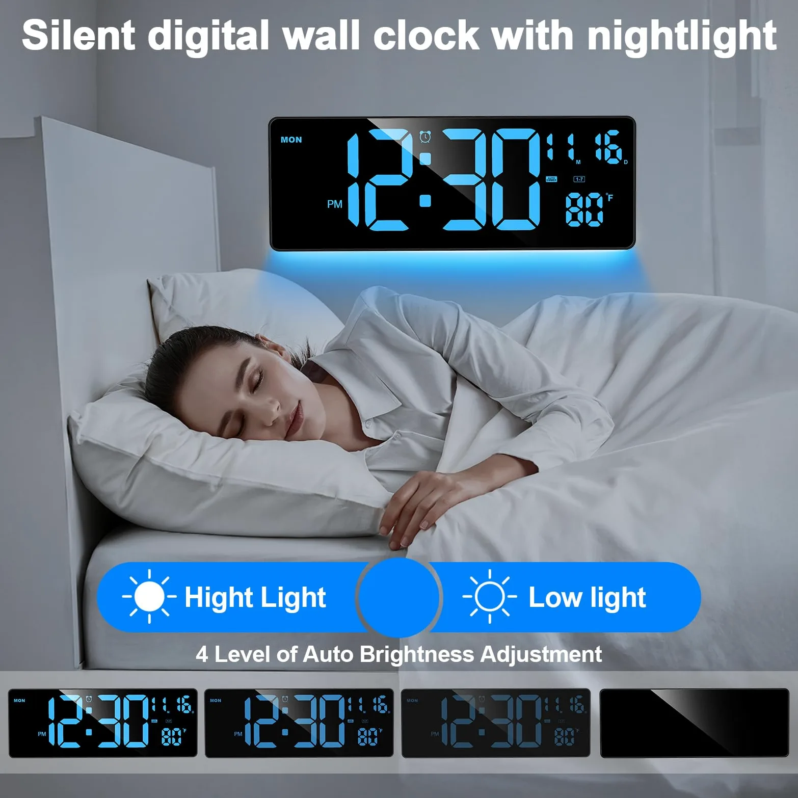 XREXS Horloge murale numérique avec grand écran, horloge murale LED de 41,5 cm (16,5") avec 6 veilleuses à changement de couleur, compte à rebours DST automatique avec contrôle