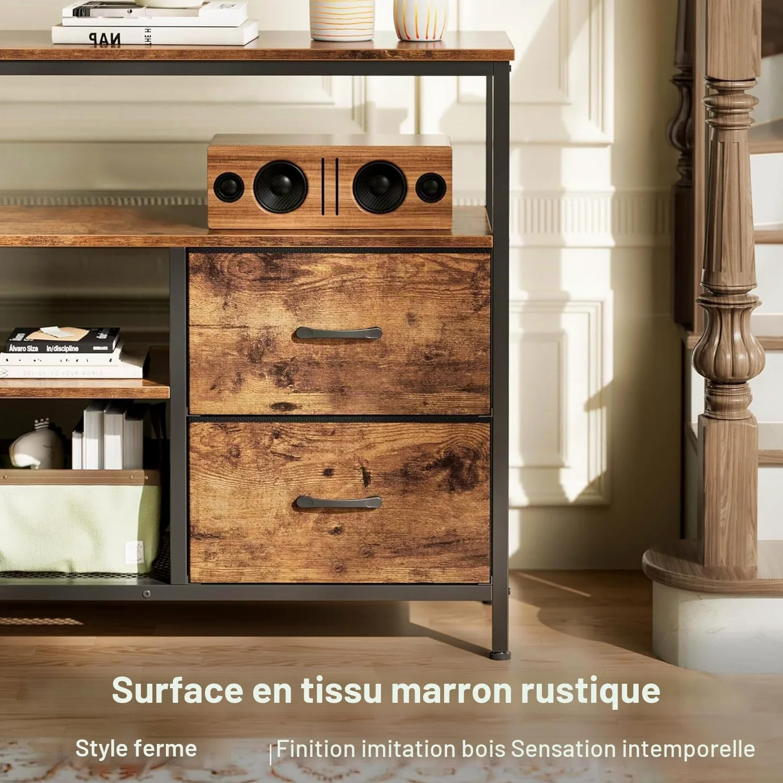 BRILVERDE Meuble TV LED 108cm avec 4 Tiroirs en Tissu PU, Banc TV Vintage, Meuble Télé avec Rangement, Buffet Multimédia pour Salon, Chambre (Rayures de Tigre, 108cm A)