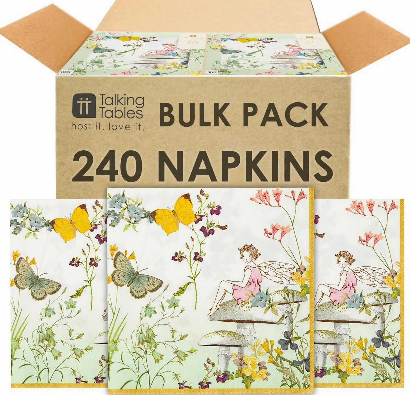 Talking Tables Lot de 240 serviettes en papier motif fée - Jolies serviettes en papier - Fournitures de fête et décorations de papillon pour filles, anniversaire, jardin, fête d'été, barbecue