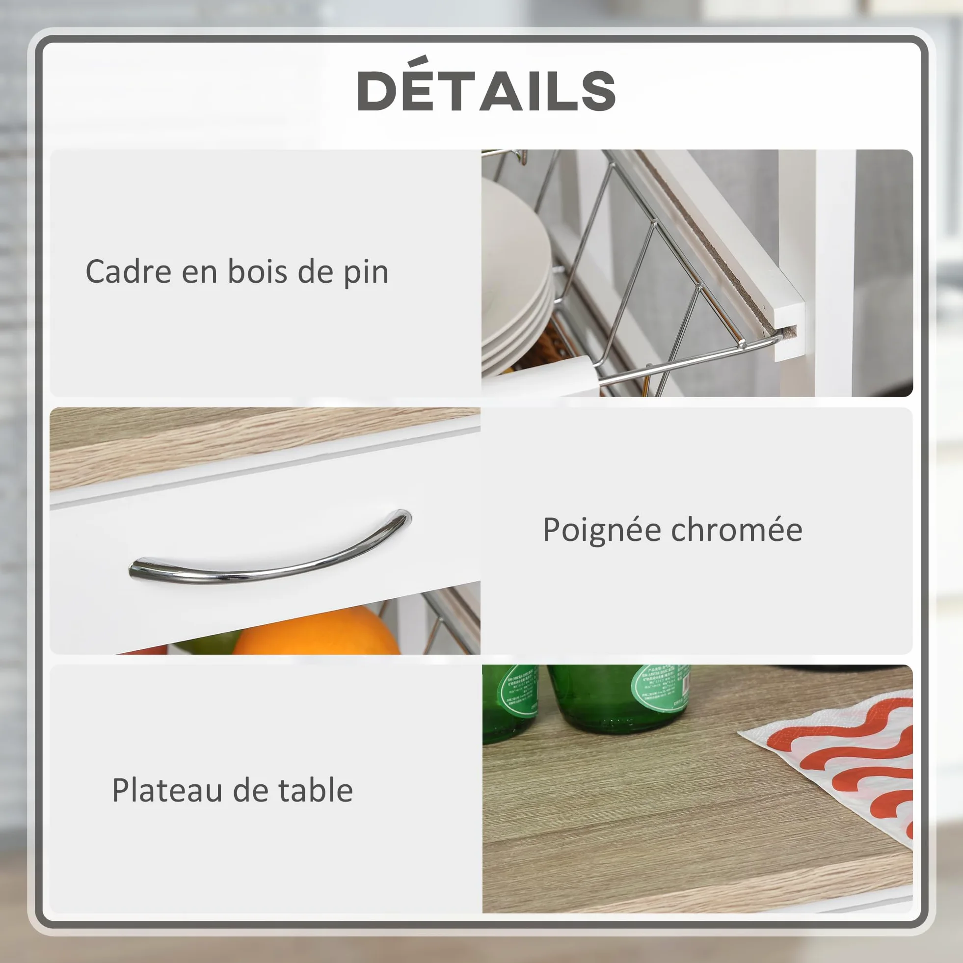 HOMCOM Desserte Cuisine à roulettes, 4 Paniers Métal + Tiroir, Blanc | Chariot de Cuisine, Chariot de Service, Rangement Légumes, Petit Espace, Salle de Bain, Bois de Pin