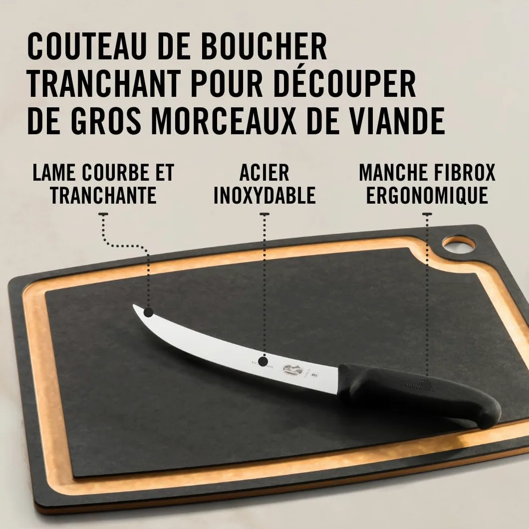 Victorinox Fibrox Couteau de boucher, Couteau long pour couper de gros morceaux de viande, 20 cm, Lame incurvée, Tranchant, Inox, Noir