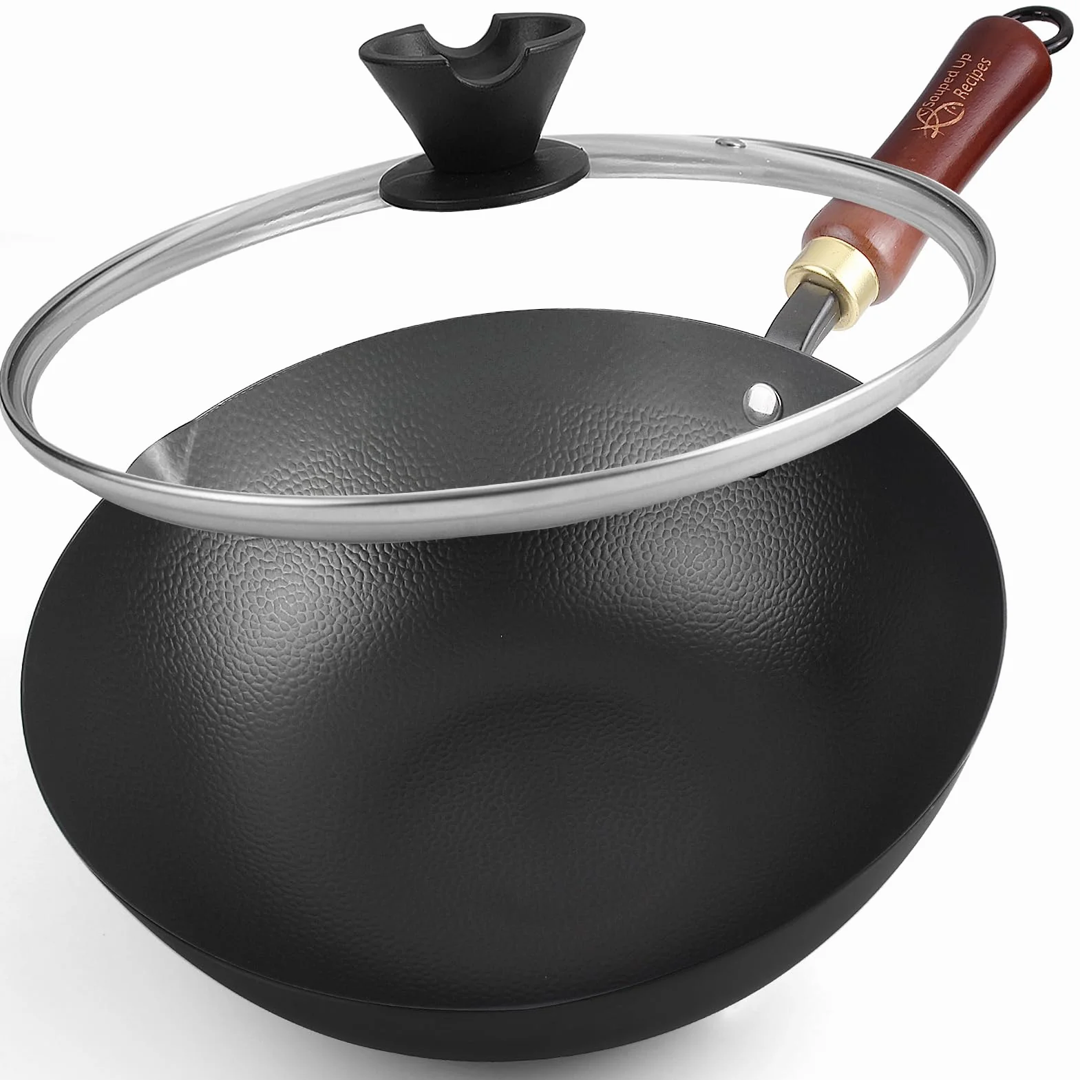 Souped Up Recipes Wok en acier carbone de 25,4 cm pour cuisinières électriques, à induction et à gaz (couvercle et guide d'utilisation vidéo inclus)