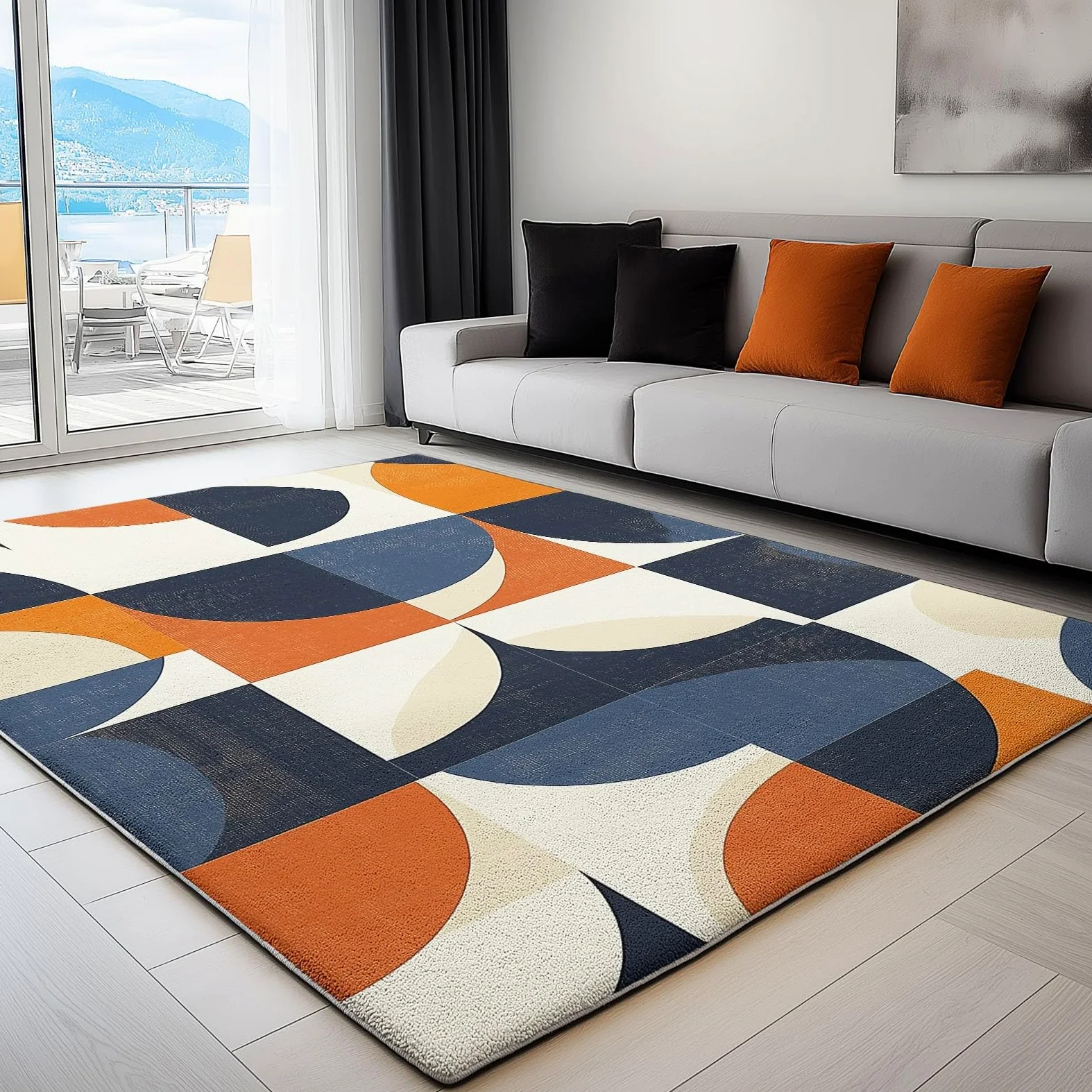 Tapis Salon Chambre Adulte Poil, Tapis à Poils Courts et denses Motif Géométrie Vintage Cercles, Tapis Lavable en Machine Antidérapant Bleu Orange, 60 x 110 cm