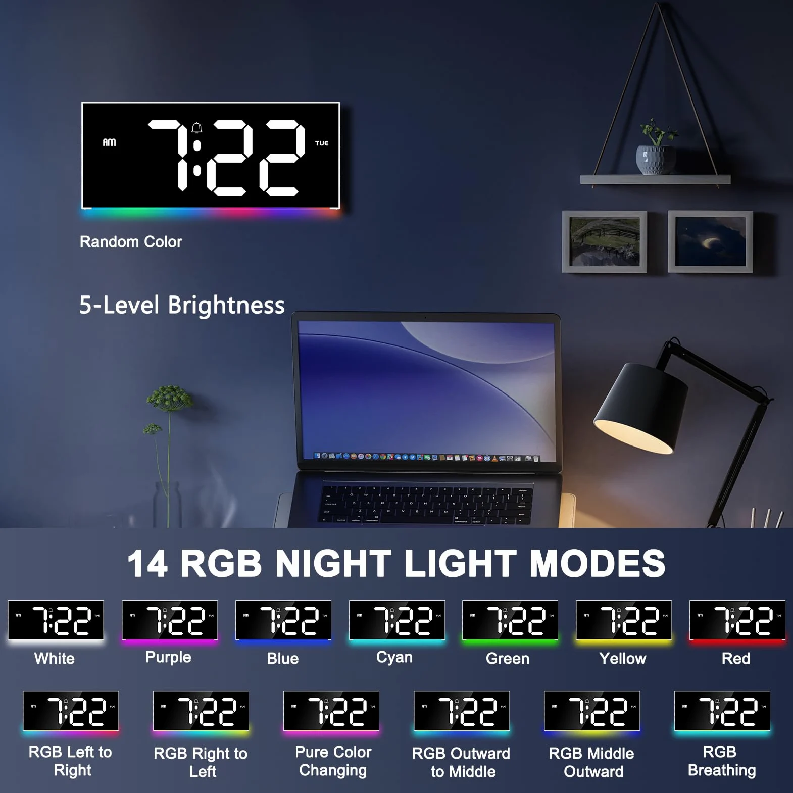 Horloge Murale, Réveil Numérique RGB Écran 12" avec Télécommande, 5 Niveaux de Luminosité, Affichage Date et Heure, Mode Nuit, Horloge Digitale pour Salon, Salle de Sport