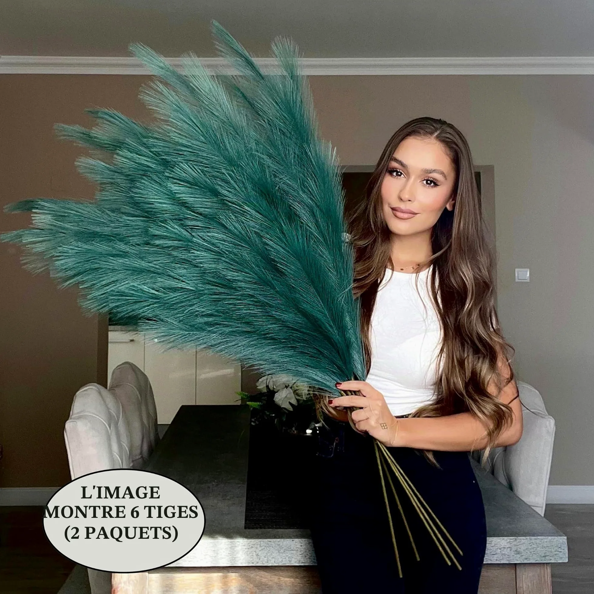 Herbe artificielle de pampa extra large haute vert lac grand moelleux x3 tiges 115 cm x18 plumes décoratives artificielles flore pour pots de sol fleurs plantes hautes herbe longue