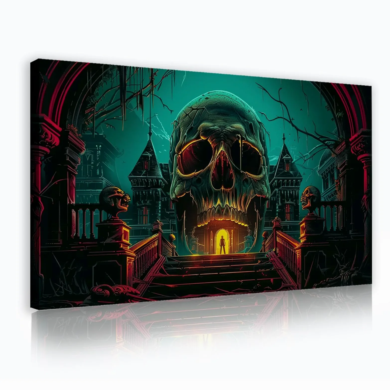 Via Vela Gothique Halloween Art Impression sur toile Dark Horror Crâne Château Scène de nuit Affiche Peinture Art mural pour Salon Chambre à coucher Décoration intérieure 55x95cm Cadre intérieur