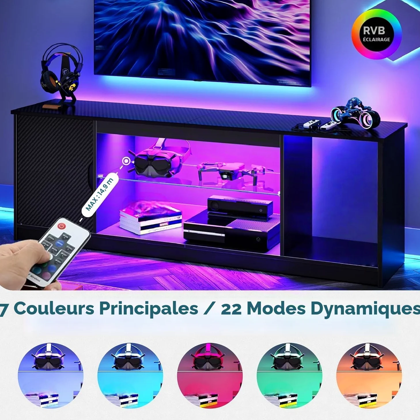 Bestier Support TV LED 145 cm pour TV de 55/60/65" avec Armoire pour PS5, Moderne, avec étagères en Verre réglables, pour Salon, Chambre à Coucher, Fibre de Carbone Noire