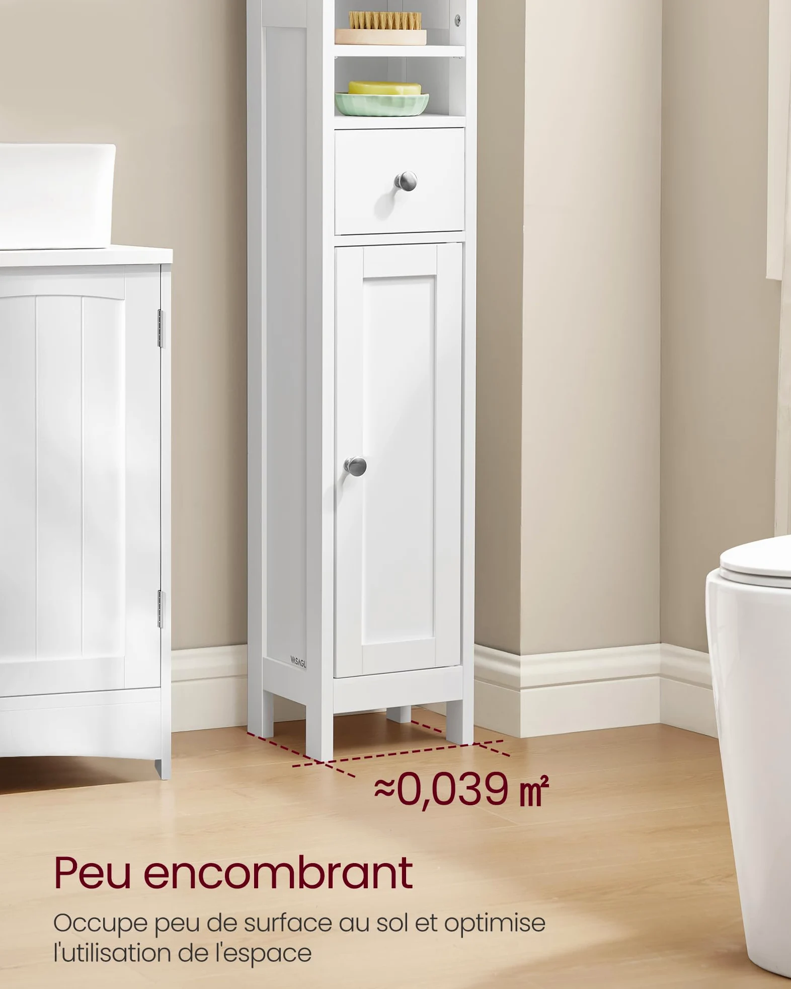VASAGLE Colonne Salle de Bain Haute, Meuble Salle de Bain Etroit, avec Étagères Réglables, Tiroir, Compartiments Ouverts, pour Les Petits Espaces, Moderne, Blanc Nuage BBC765W01