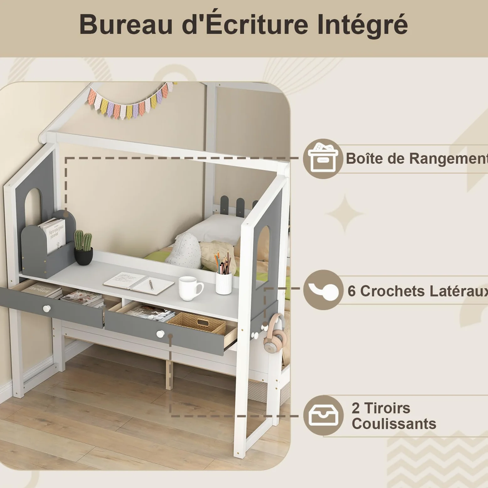 COSTWAY Lit Cabane Enfant 140 x 200 cm avec Grand Bureau, Lit Maison Double en Bois avec sommier à Lattes, Crochets et Tiroirs, Cadre de Lit Plateforme pour Garçon et Fille, Blanc et Gris