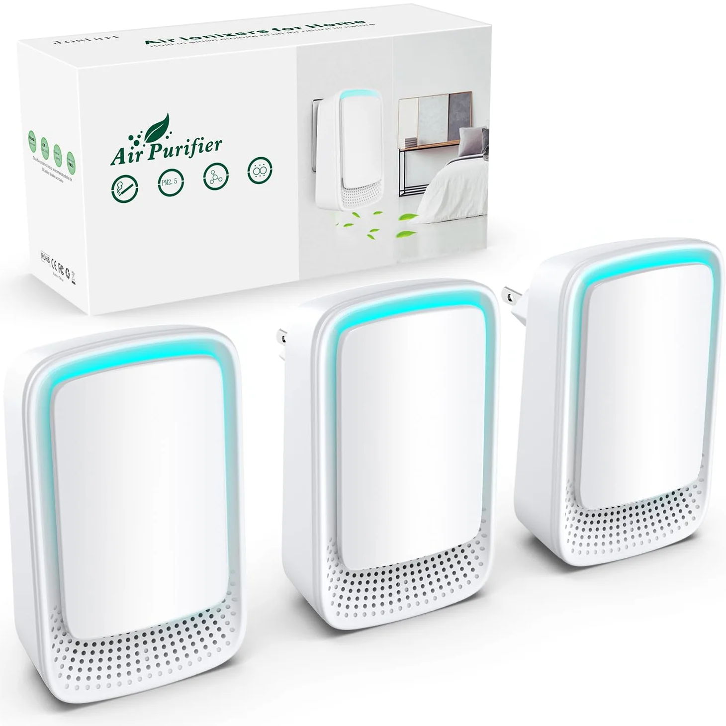 Jostart Ionisateur Purificateur d'air chambre à coucher, Lot de 3 Purificateurs D'air à ions Négatifs à Brancher pour Appartements Salles Fumeurs Toilettes pour Animaux Domestiques Bureaux