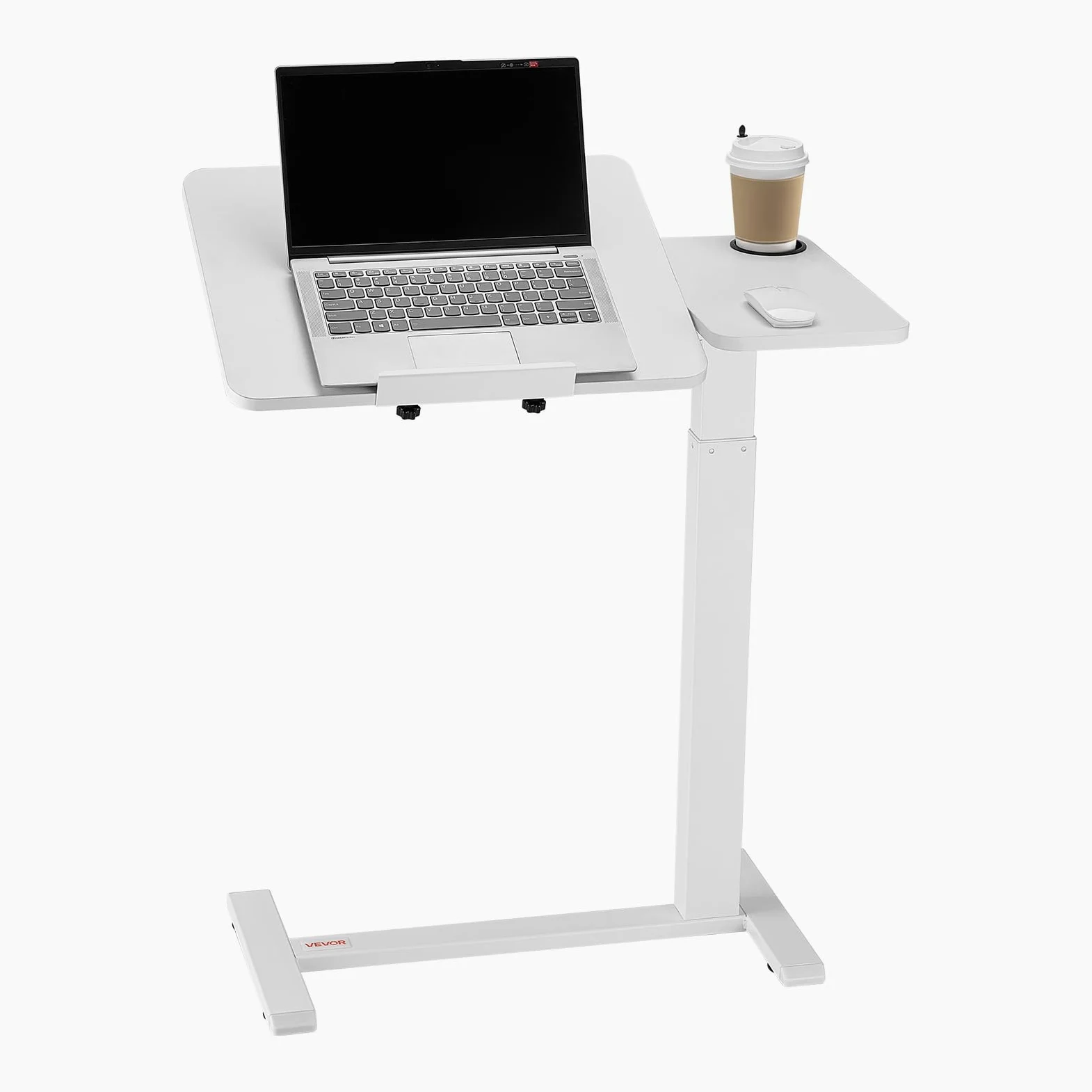 VEVOR Table de lit mobile, table d'appoint avec plateau rabattable et 4 roulettes dissimulées, bureau d'ordinateur portable réglable en hauteur avec porte-gobelet, pour maison, bureau et études, blanc