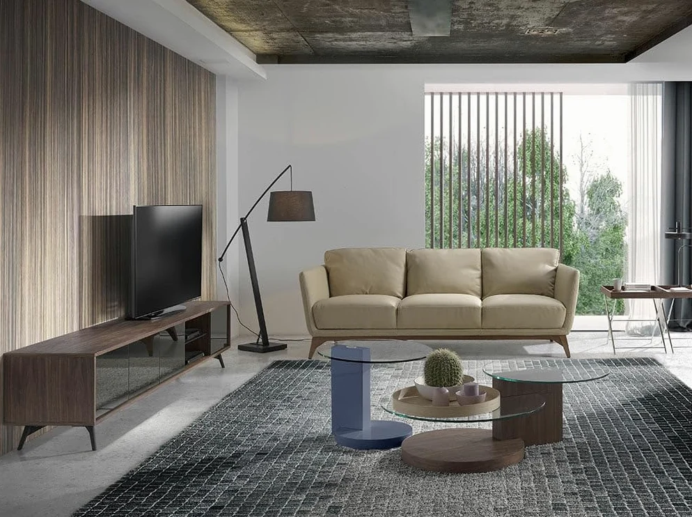Angel Cerdá - Meuble TV Moderne Bois de Noyer et Verre Noir Soft-Closing | Verre Effet Miroir, Portes Soft-Closing, Durable et Fonctionnel, Meuble TV Salon 240 x 45 x 50 cm