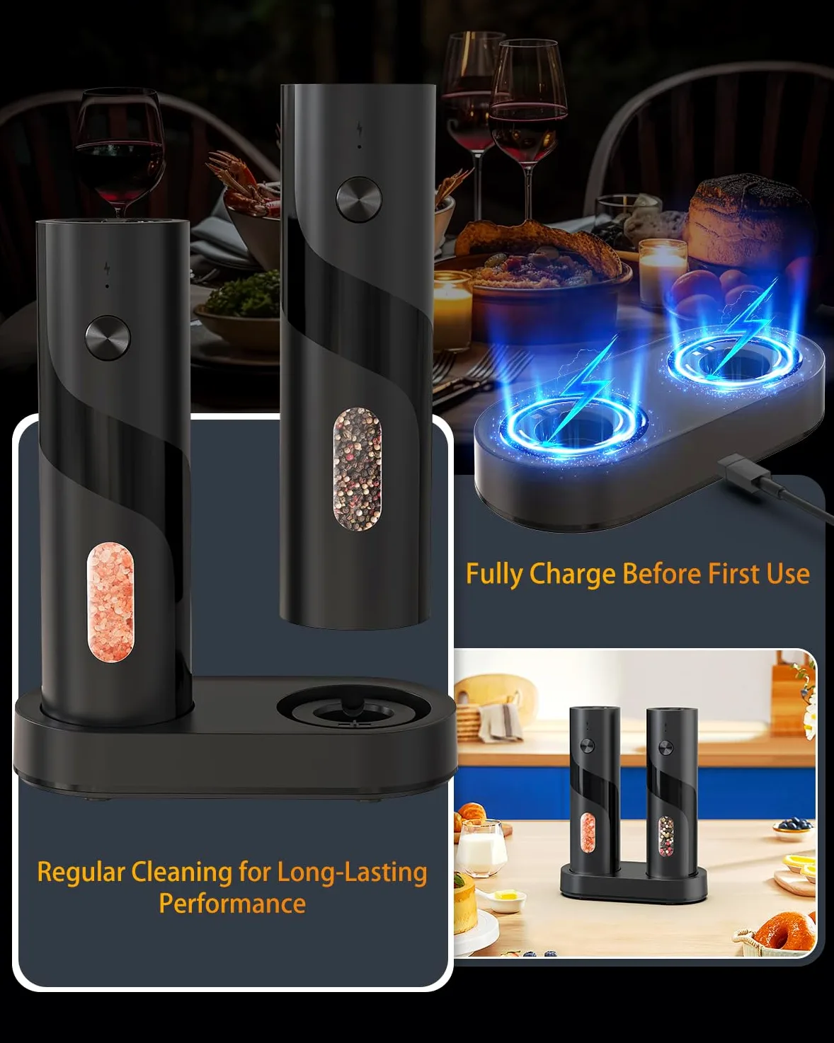 CIRCLE JOY Ensemble de Moulins à Sel et Poivre Électriques Rechargeables avec Socle de Recharge, Grossièreté Réglable, Capacité de 110ml et Lumière LED Blanche, Noir
