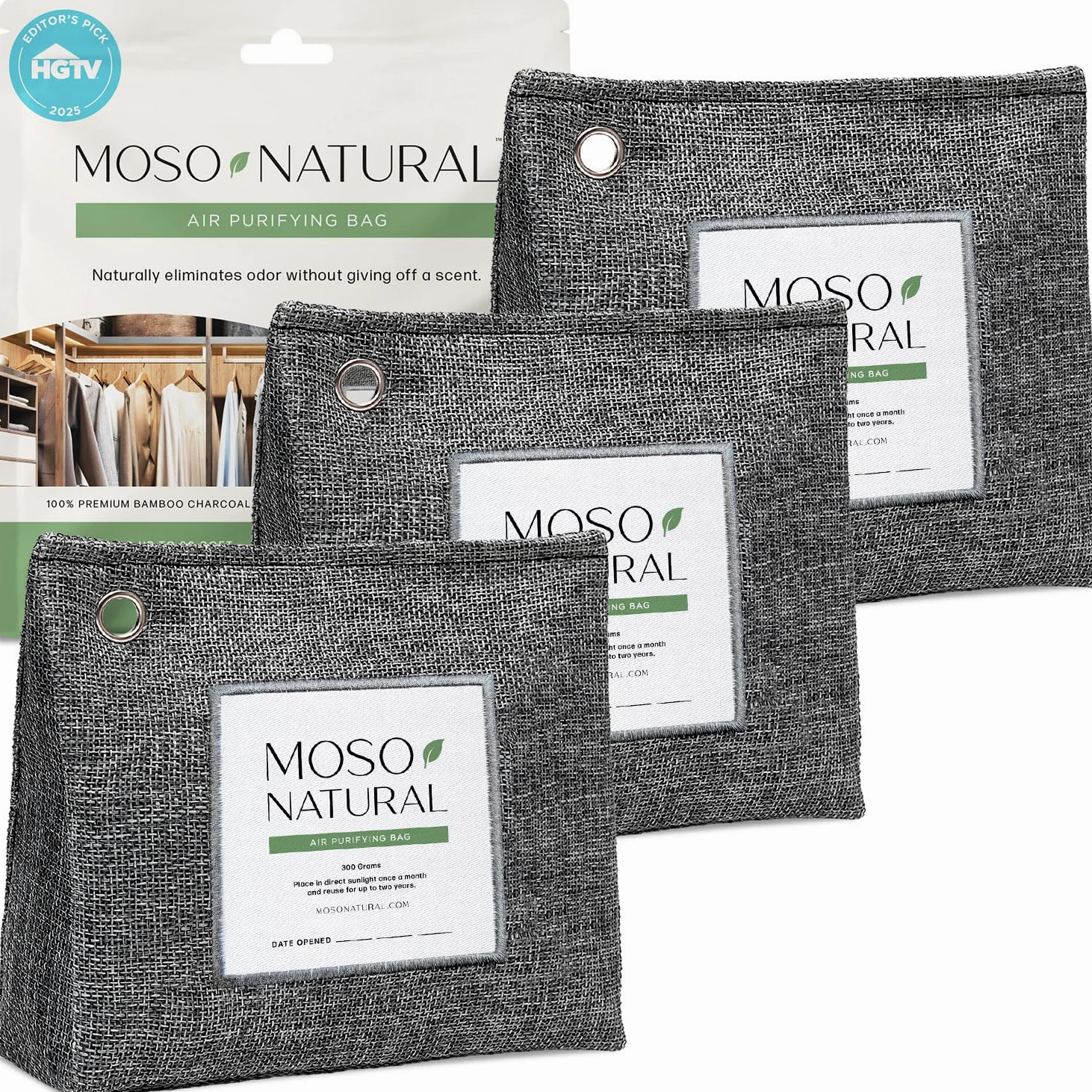 Moso Natural Lot de 3 sacs purificateurs d'air 300 g Un éliminateur d'odeurs sans parfum pour placards, salles de bains, buanderies, zones pour animaux domestiques. Absorbeur d'odeurs de charbon de