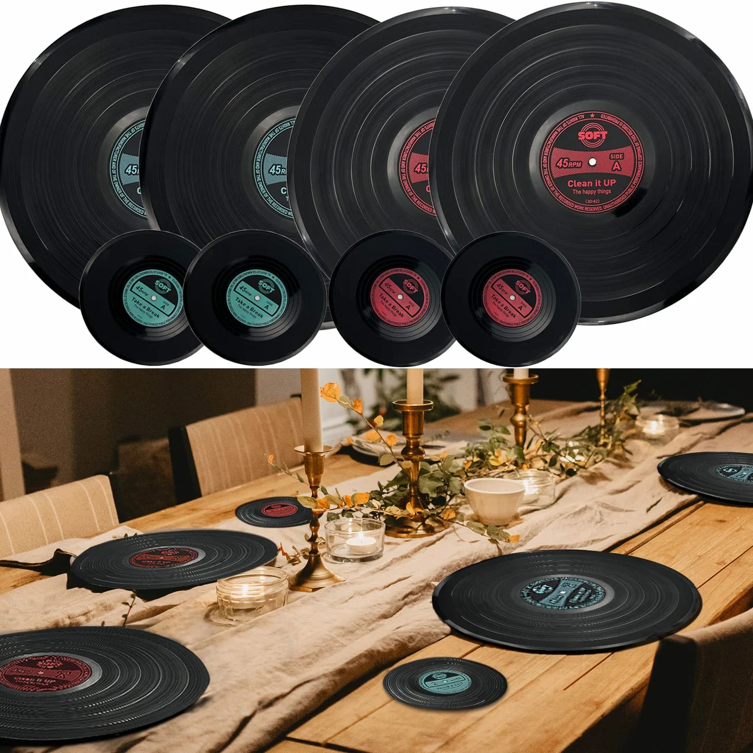 Lot de 4 sets de table et dessous de verre ronds en vinyle lavables résistants à la chaleur antidérapants de qualité alimentaire pour cuisine, restaurant, décoration d'intérieur