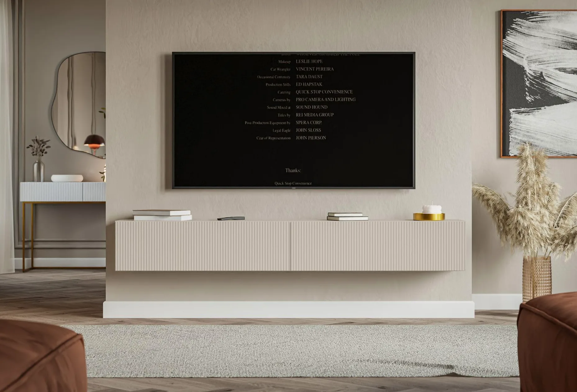 Selsey Meuble TV Suspendu 200 cm Greige Mat Design Moderne – Rangement à 4 Compartiments Façade Rainurée Idéal Déco Élégante et Contemporaine Salon/Chambre Panneau Laminé/MDF Solide