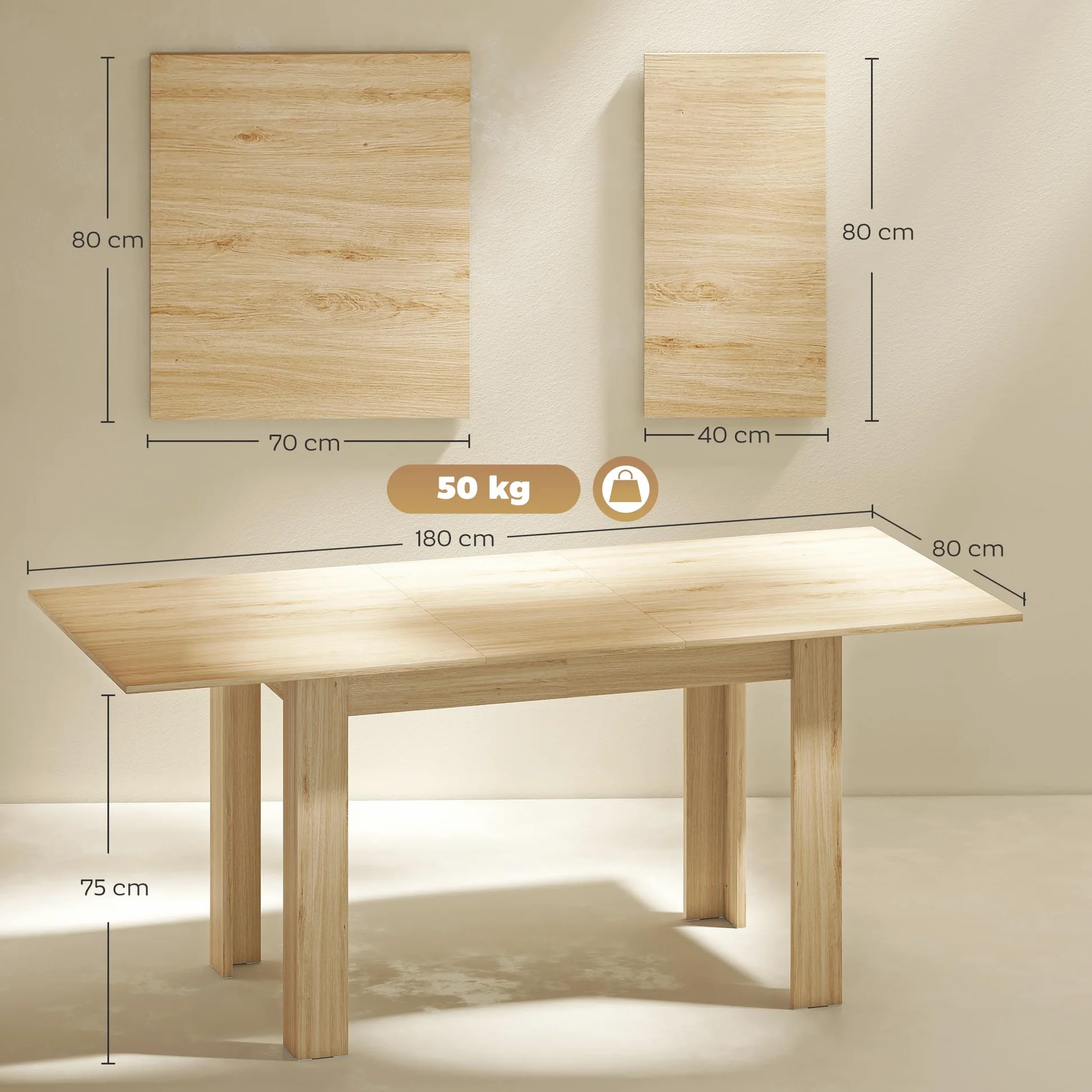 HOMCOM Table à Manger Extensible, Table de Cuisine rectangulaire, pour 6-8 Personnes, pour Petits espaces, Design Moderne, 140-180 x 80 cm, Effet Bois Naturel